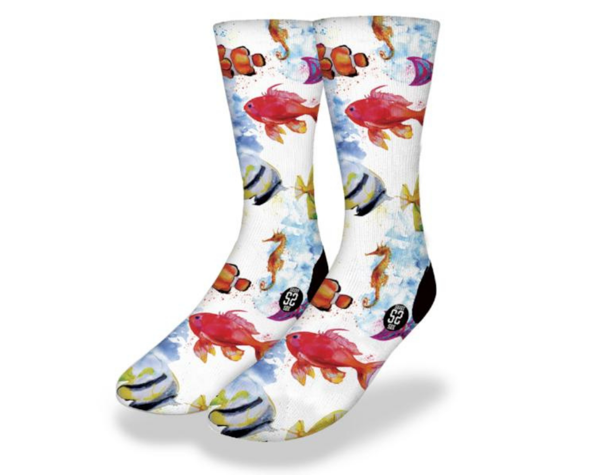 Colorful WATERCOLOR REEF LIFE Fun Fish Socks featuring clown fish, seahorses, and other marine life in a vibrant watercolor design.