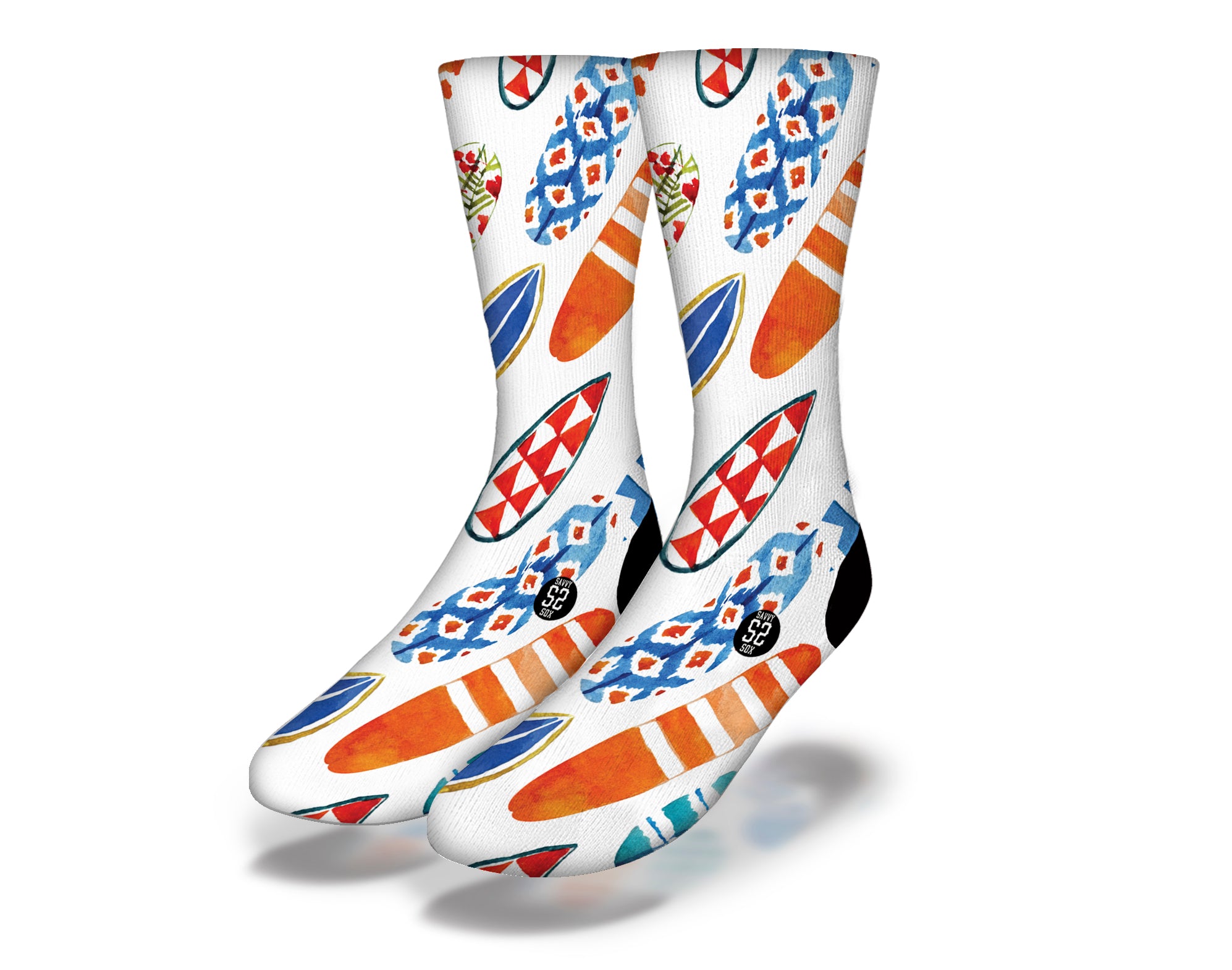 Colorful hand-painted WATERCOLOR SURFBOARDS Fun Surfing Socks featuring tribal patterns and marine life designs.