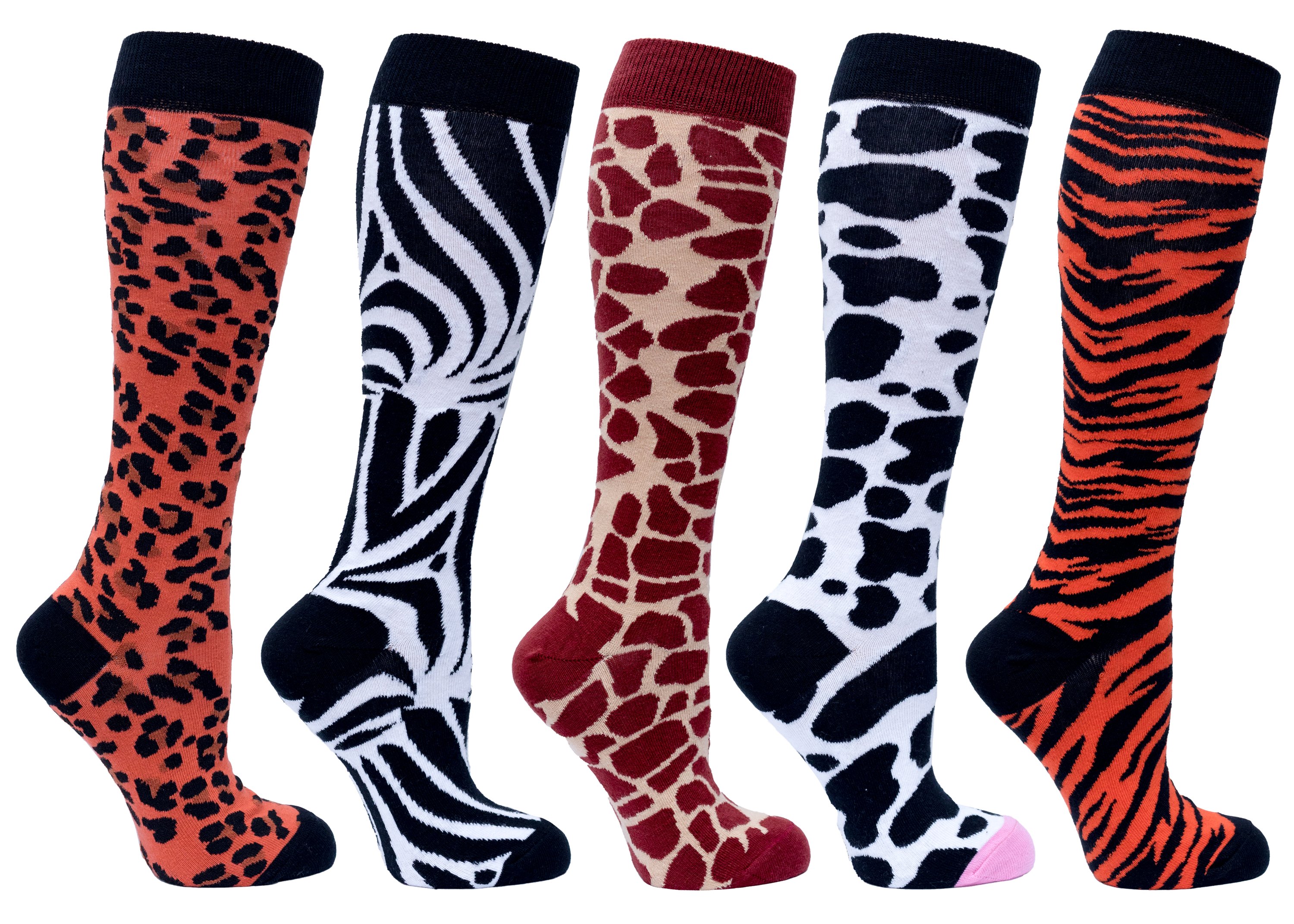 A vibrant set of Women's Animal Kingdom Knee High Socks featuring colorful animal patterns, perfect for adding a fun touch to any outfit.