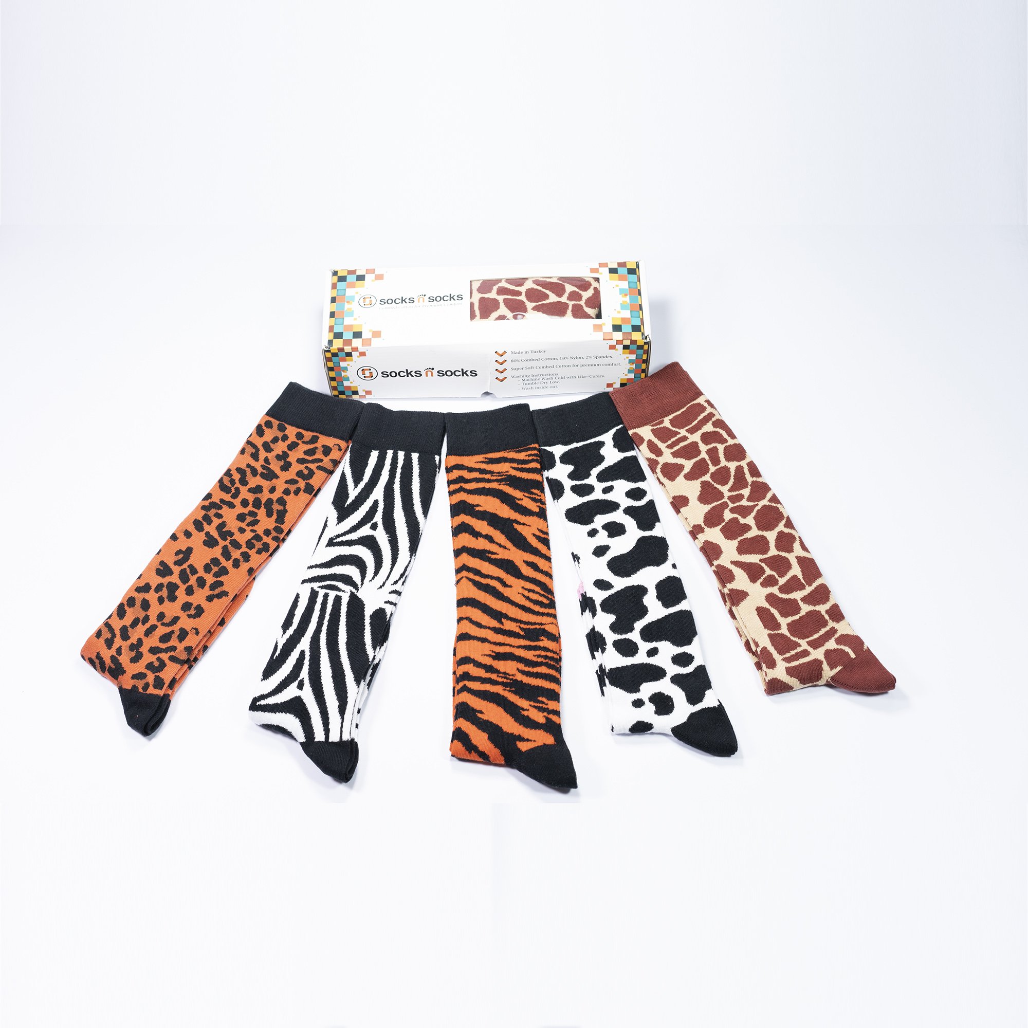 A vibrant set of Women's Animal Kingdom Knee High Socks featuring colorful animal patterns, perfect for adding a fun touch to any outfit.