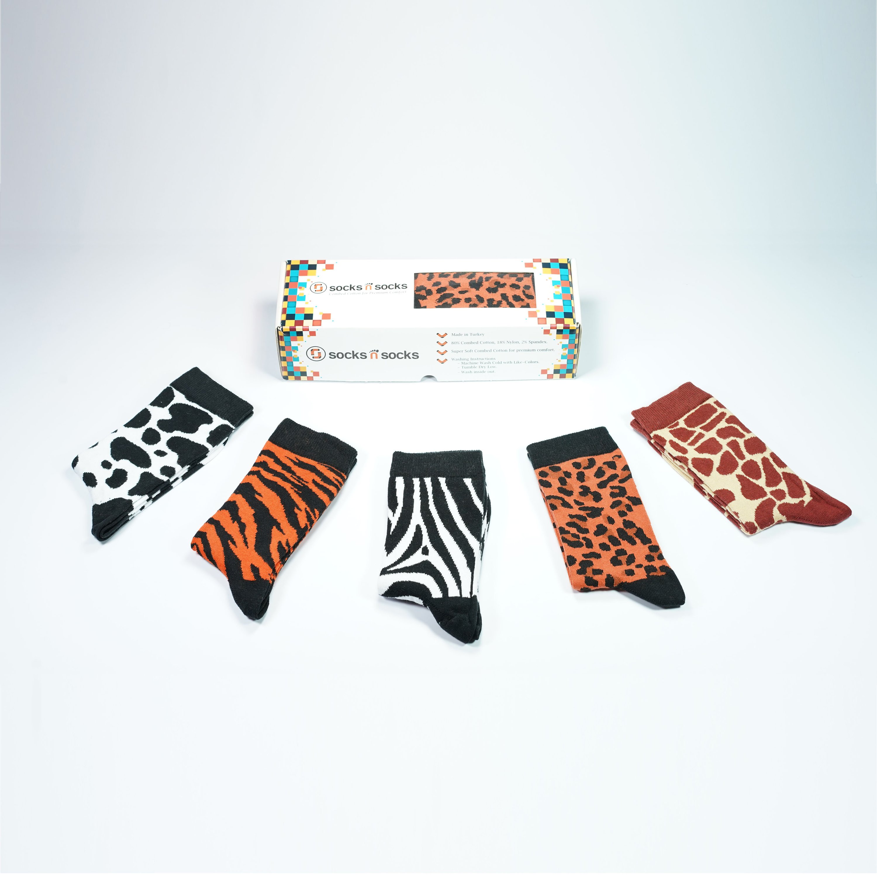 Colorful Women's Animal Kingdom Socks Set featuring trendy animal patterns and vibrant colors, made from soft Turkish cotton.