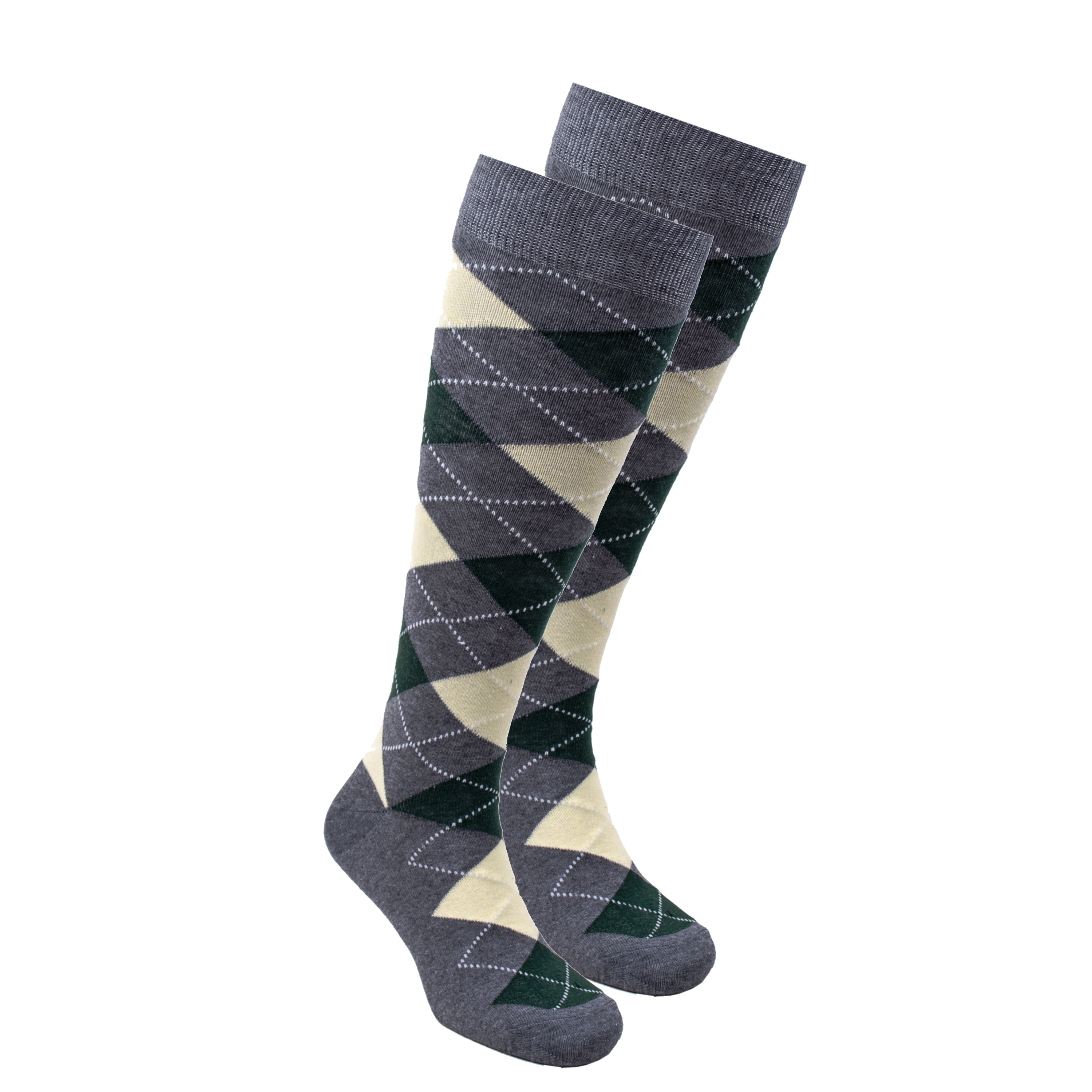 A pair of Women's Ash Argyle Knee High Socks featuring a colorful argyle pattern, made from soft Turkish cotton for comfort and style.