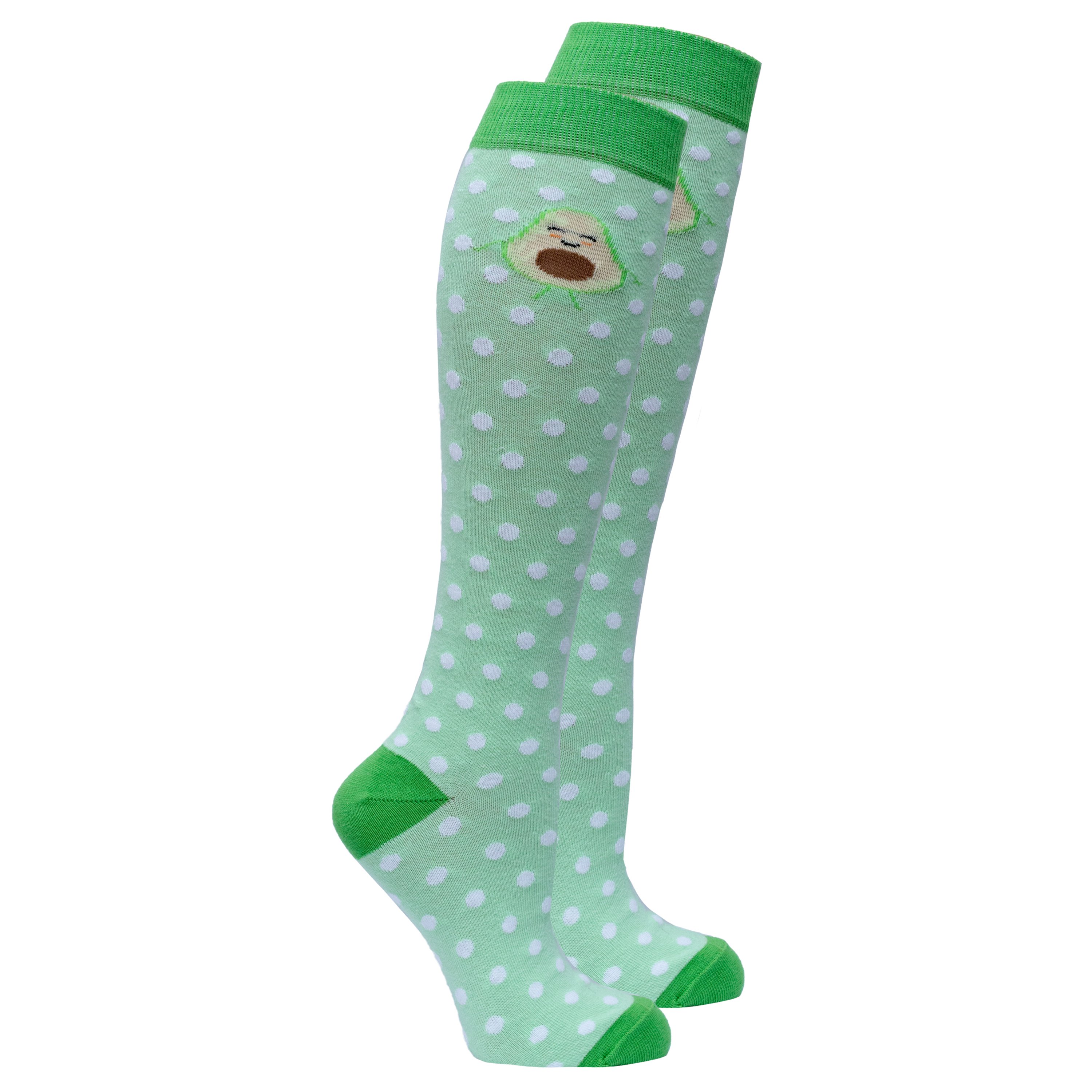 A pair of Women's Avocado Dot Knee High Socks featuring a colorful avocado dot pattern, perfect for adding a fun touch to any outfit.