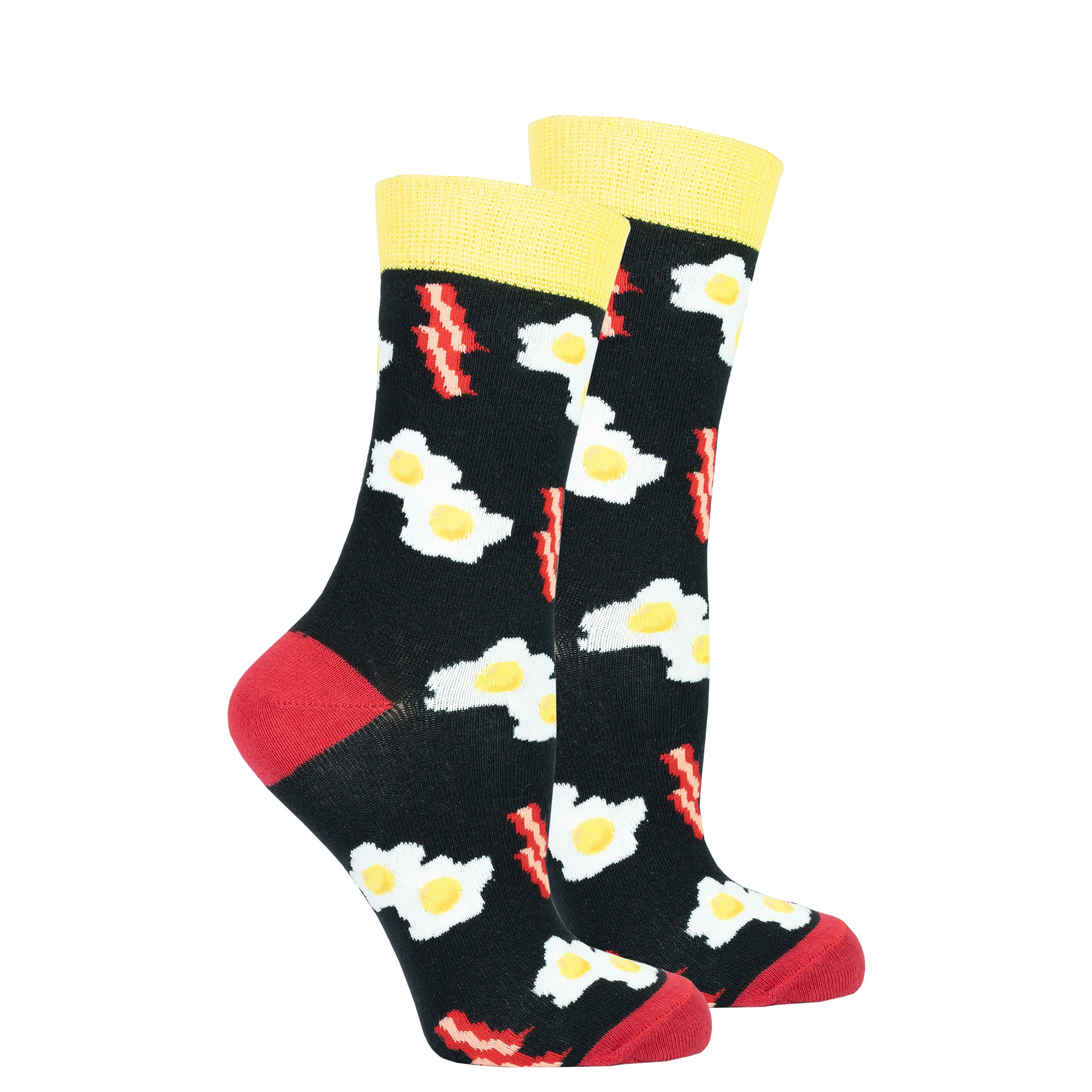 Colorful Women's Bacon & Eggs Socks featuring a fun breakfast theme, made from soft Turkish cotton for comfort.