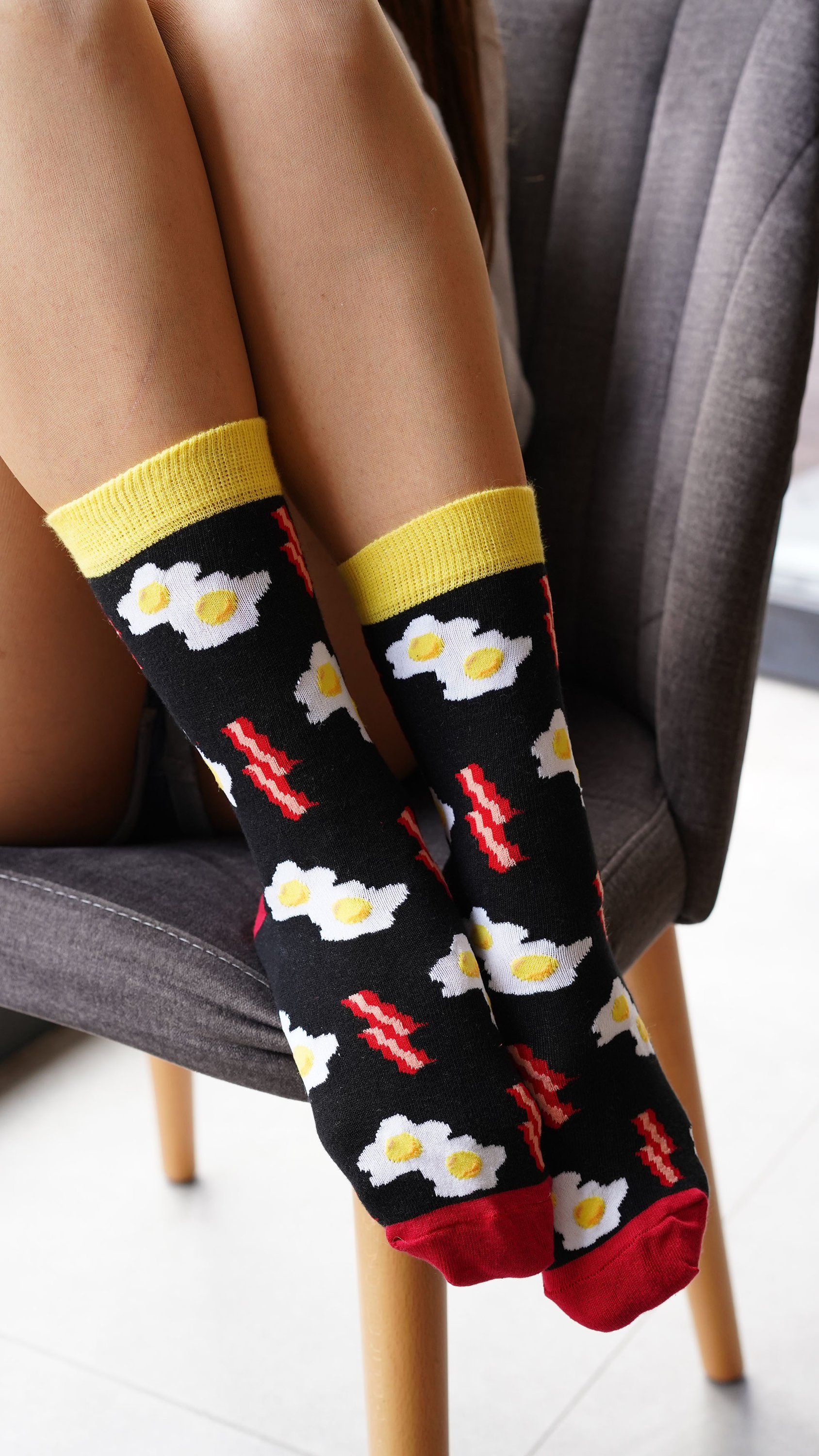 Colorful Women's Bacon & Eggs Socks featuring a fun breakfast theme, made from soft Turkish cotton for comfort.