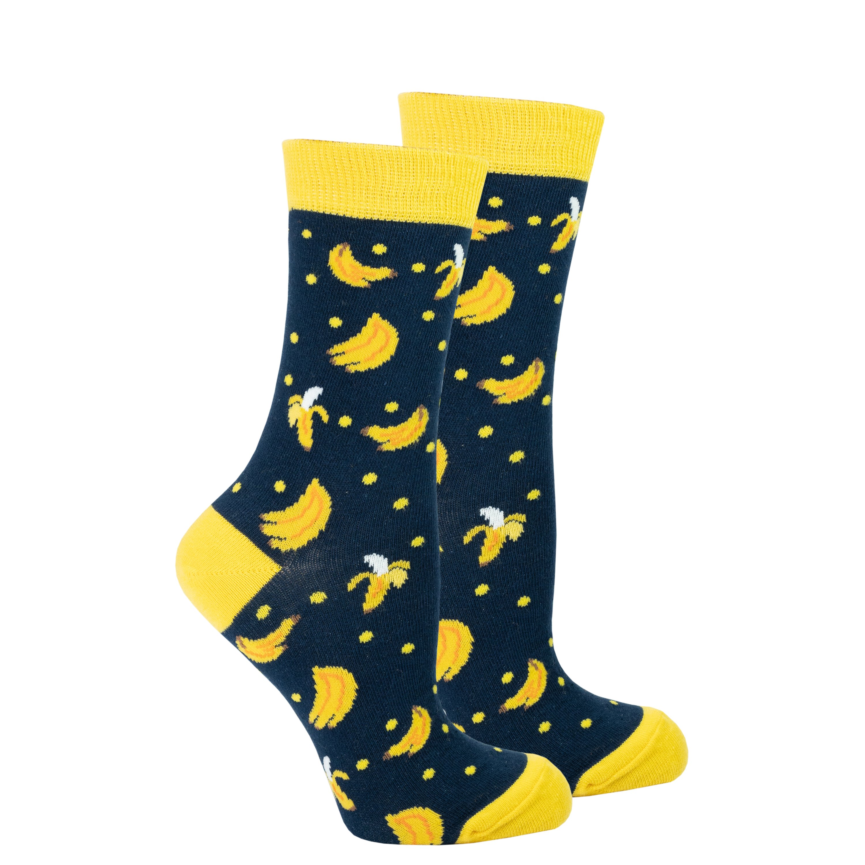 A pair of colorful Women's Banana Socks featuring a fun banana pattern, made from soft Turkish cotton for comfort.