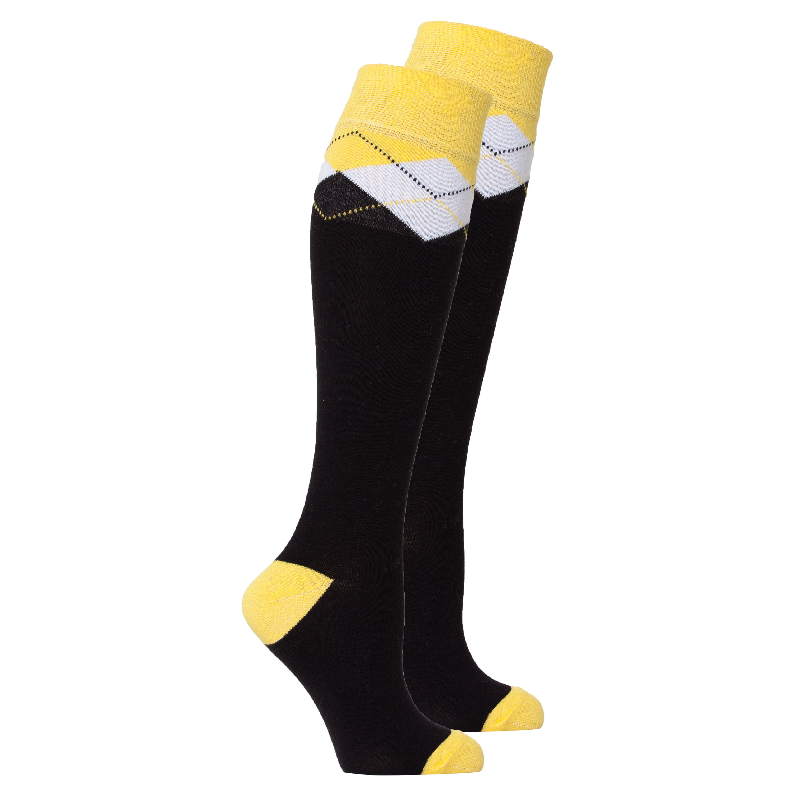 A pair of stylish Women's Black Lemon Knee High Socks featuring a vibrant lemon design, perfect for adding flair to any outfit.