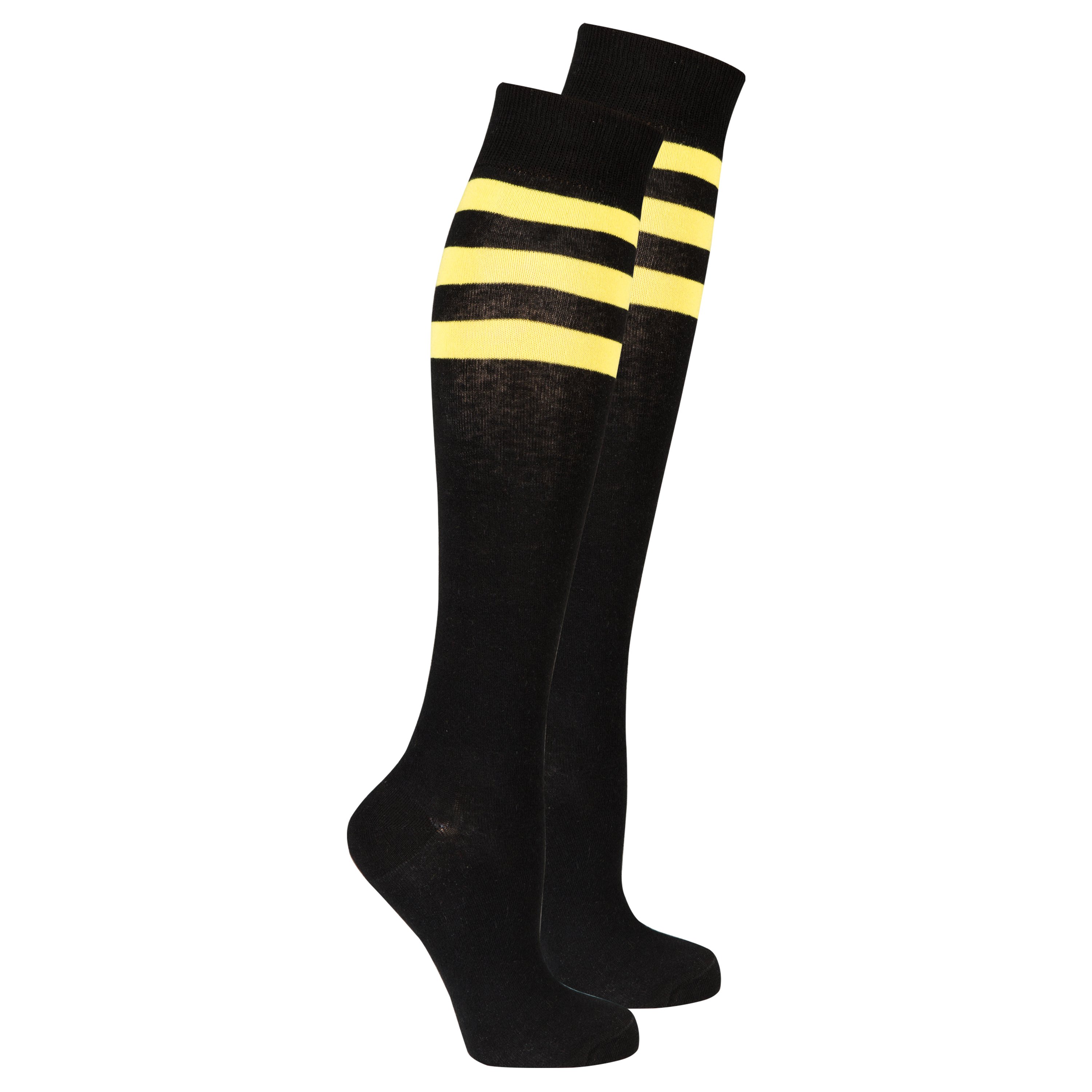 A pair of Women's Black Lemon Stripe Knee High Socks featuring a vibrant black and yellow striped design, perfect for adding style to any outfit.