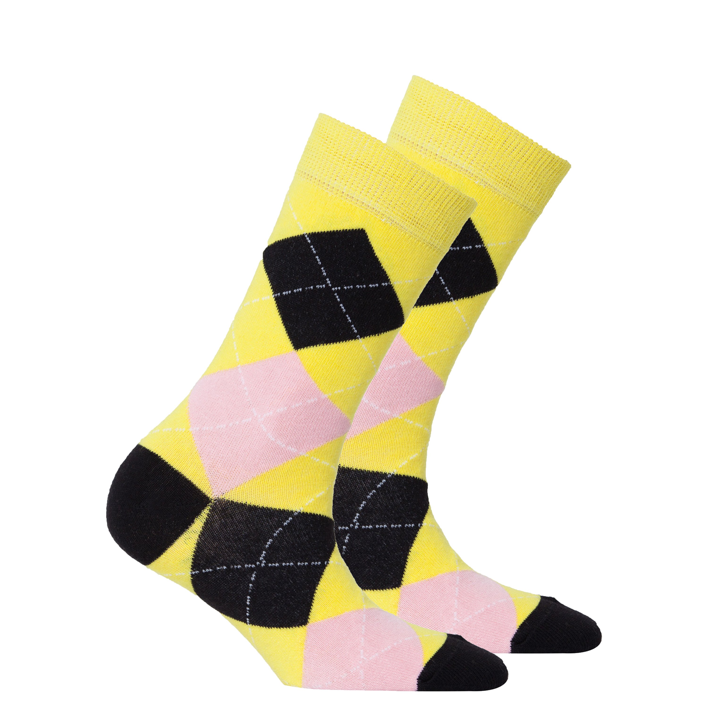 A pair of Women's Black Pineapple Argyle Socks featuring a vibrant pineapple pattern on a black background, perfect for adding a fun touch to any outfit.