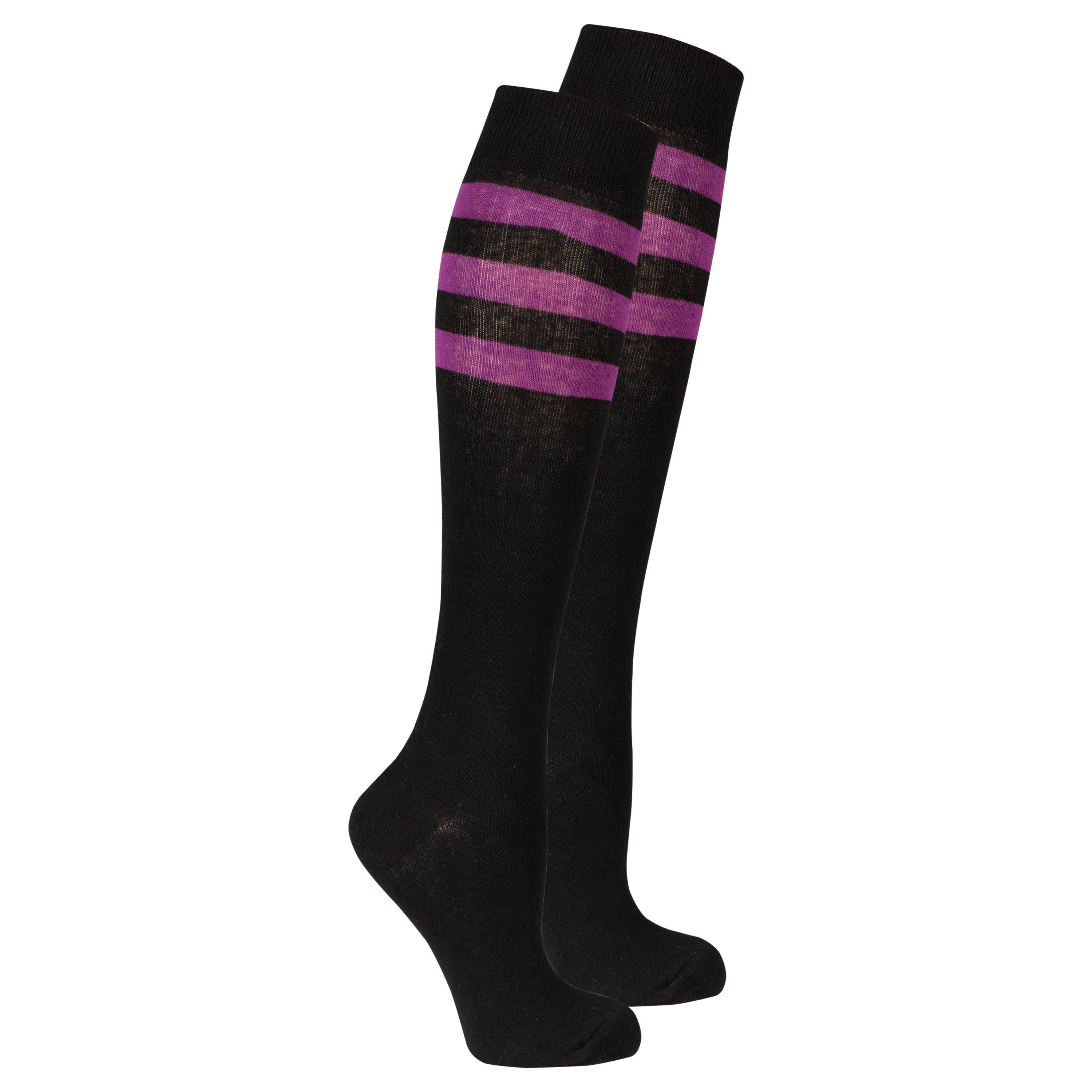 Women's Black Plum Stripe Knee High Socks featuring a stylish design with vibrant colors and a comfortable fit.