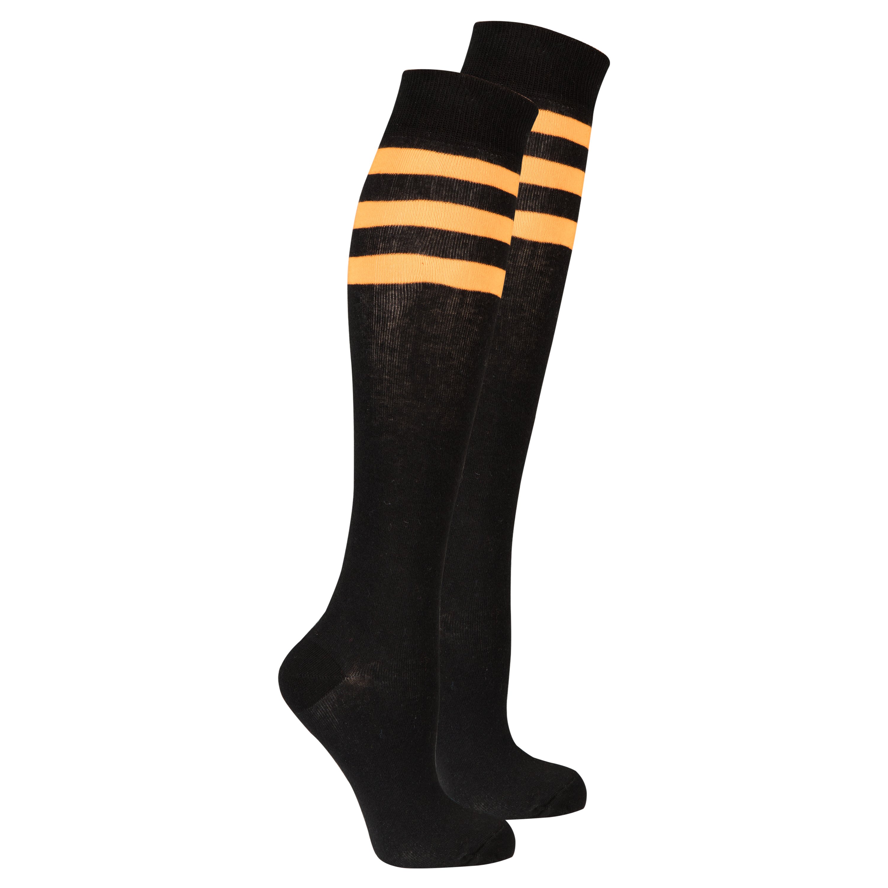 A pair of Women's Black Pumpkin Stripe Knee High Socks featuring a vibrant striped pattern, perfect for adding style to any outfit.