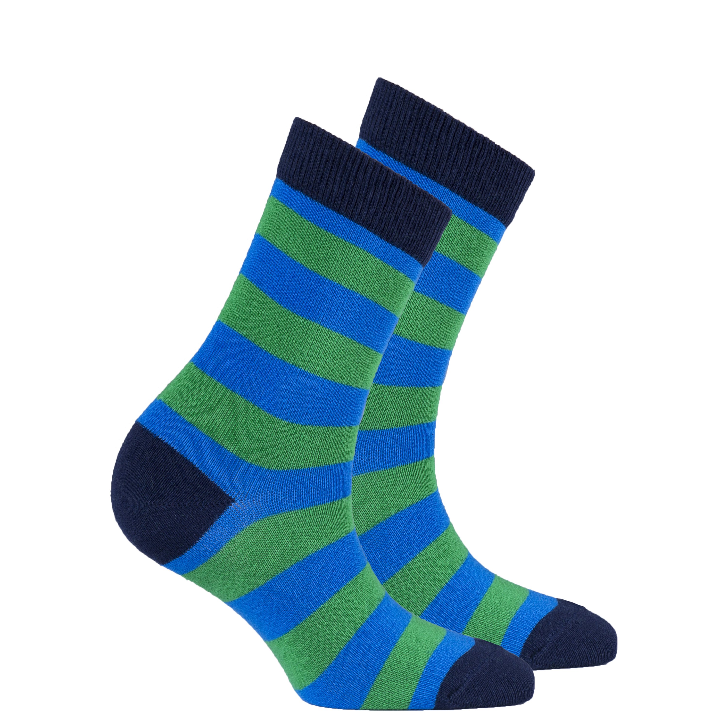 A pair of Women's Blue Grass Stripe Socks featuring a vibrant blue and green striped pattern, made from soft Turkish cotton.