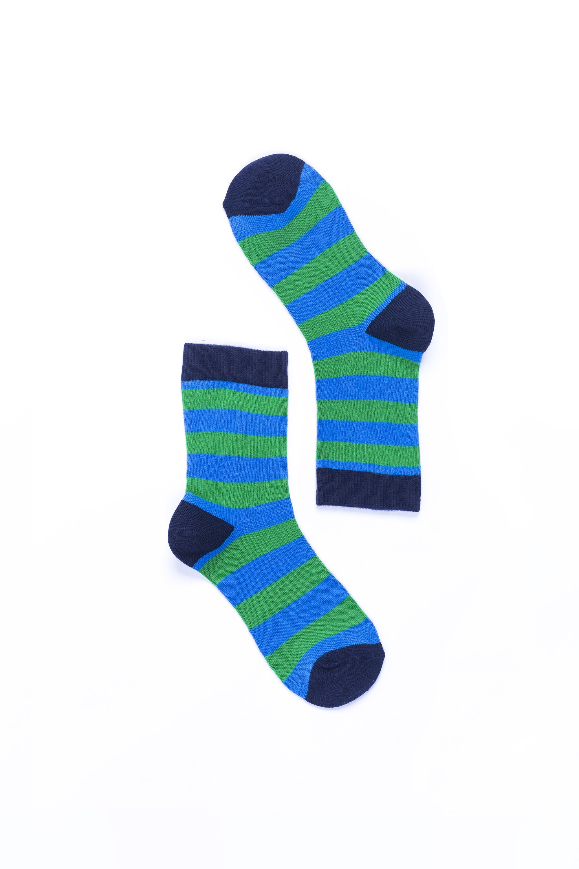 A pair of Women's Blue Grass Stripe Socks featuring a vibrant blue and green striped pattern, made from soft Turkish cotton.