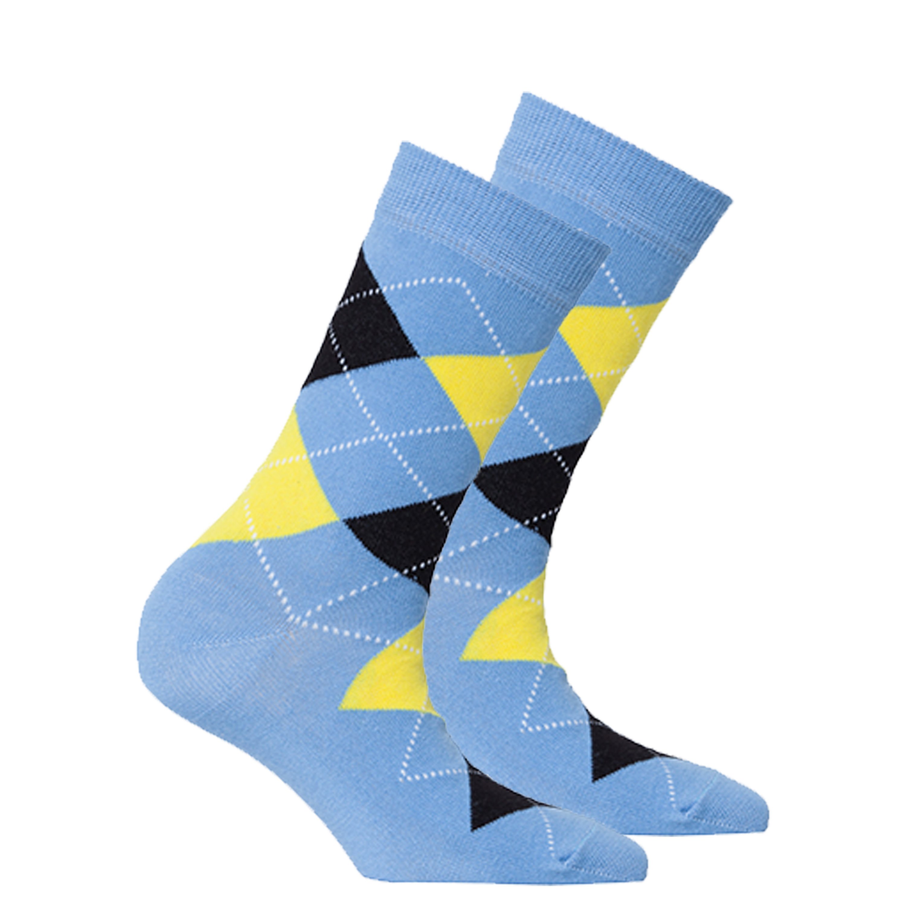 Women's Blue Sky Argyle Socks featuring a vibrant blue and multicolor argyle pattern, made from soft Turkish cotton for comfort.