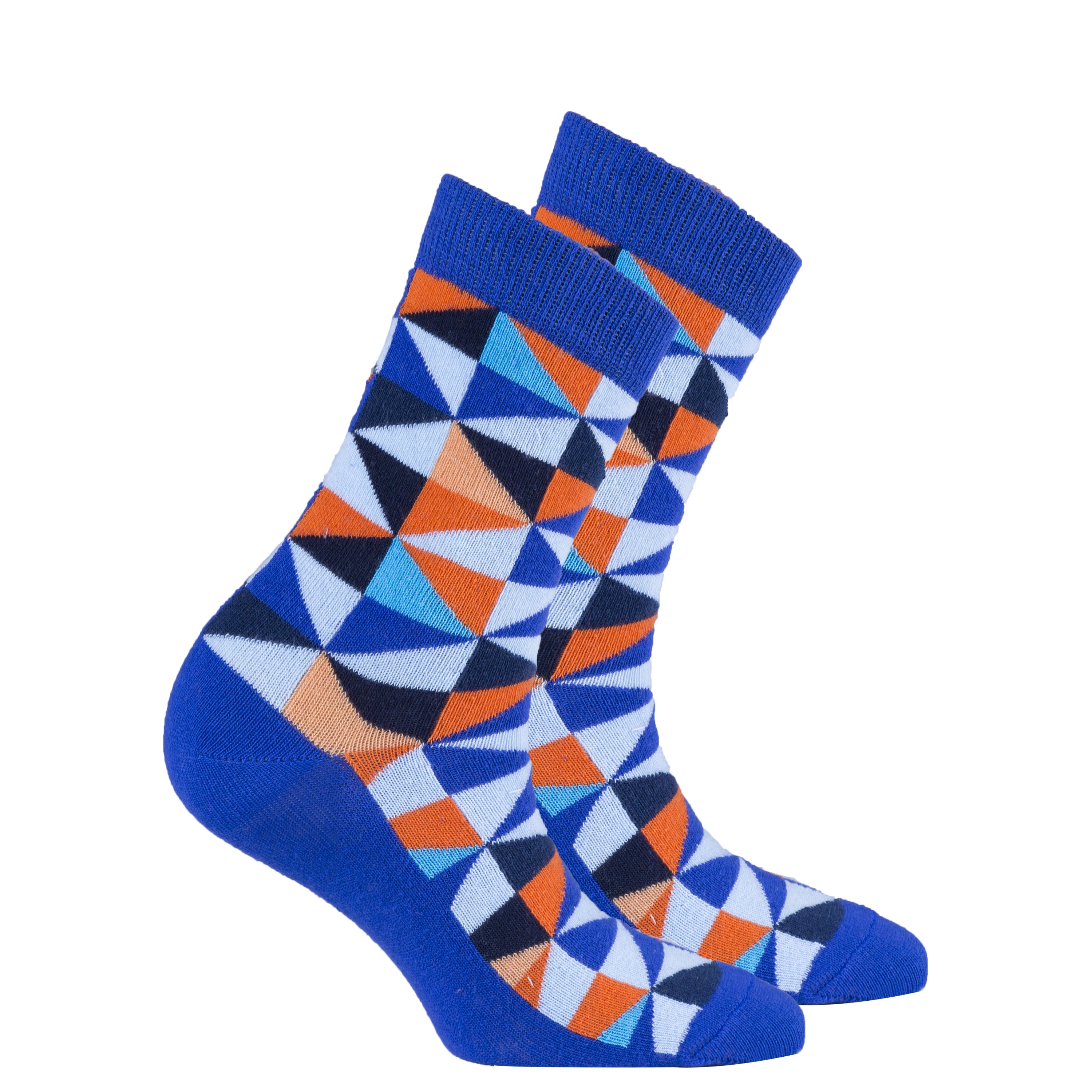 A pair of stylish Women's Blue Triangle Socks featuring a vibrant blue color and trendy triangle pattern, perfect for adding flair to any outfit.