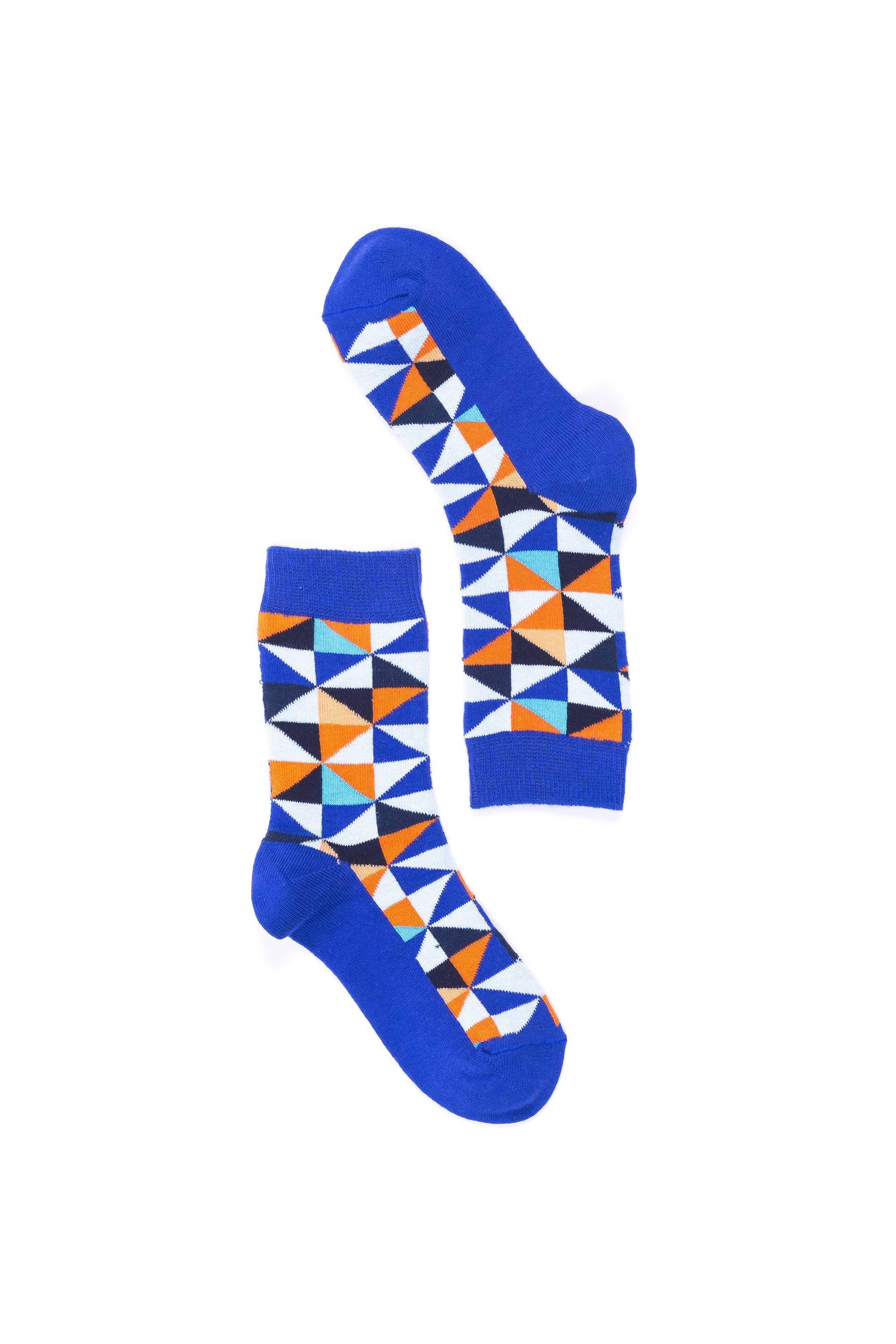 A pair of stylish Women's Blue Triangle Socks featuring a vibrant blue color and trendy triangle pattern, perfect for adding flair to any outfit.