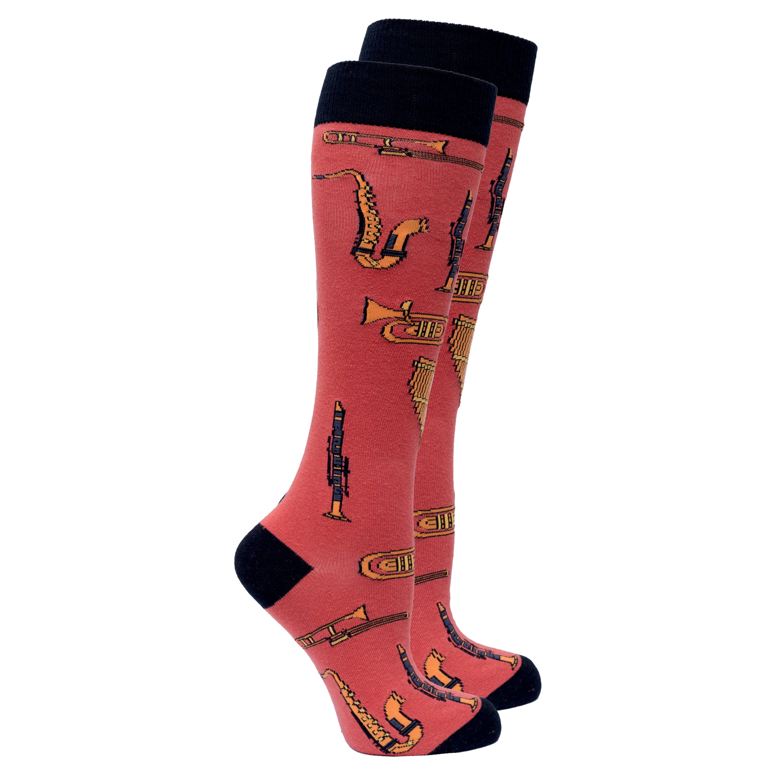 A pair of Women's Brass Knee High Socks featuring colorful and trendy patterns, made from soft Turkish cotton for comfort.