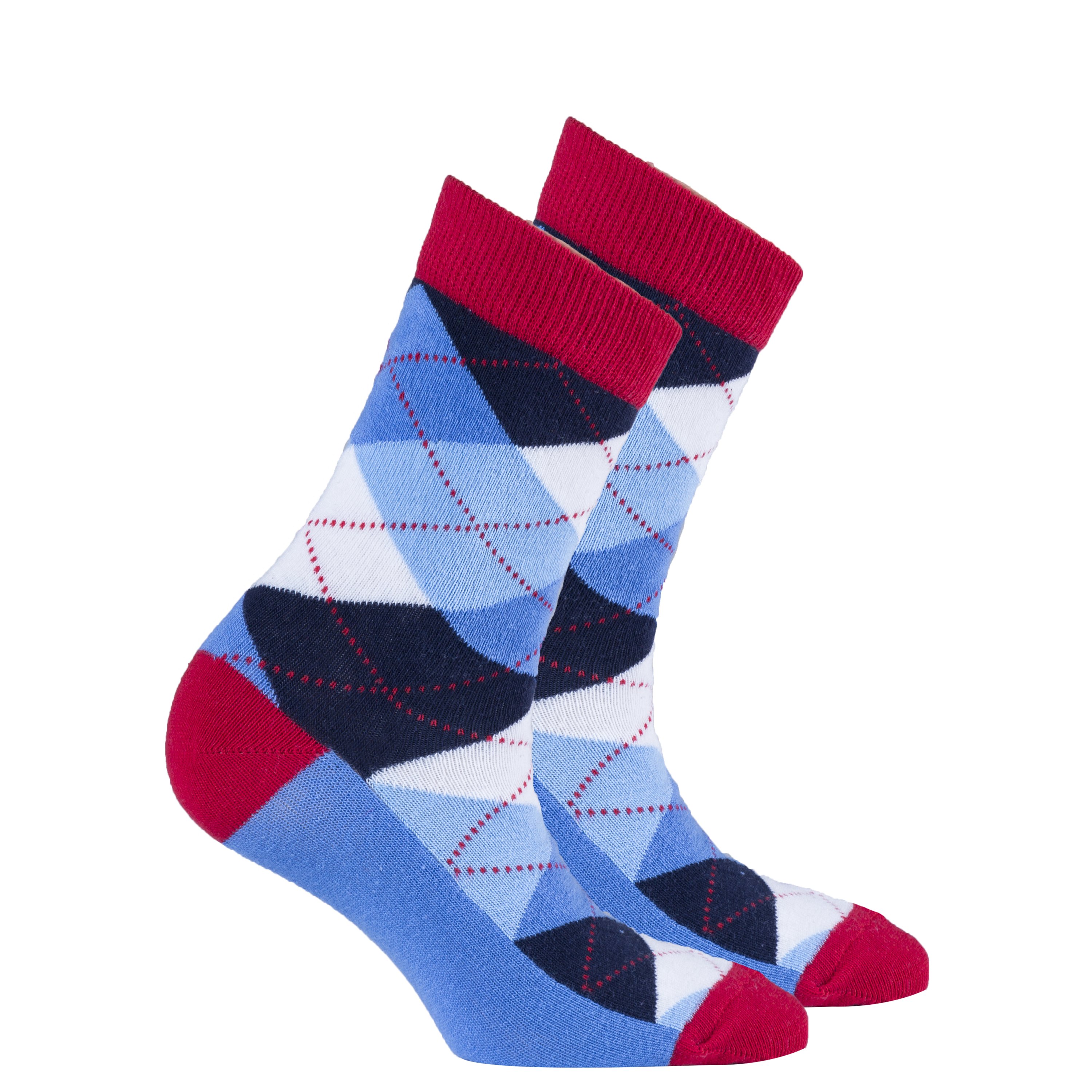 A pair of Women's Cerulean Red Argyle Socks featuring a vibrant pattern, made from soft Turkish cotton for comfort and style.