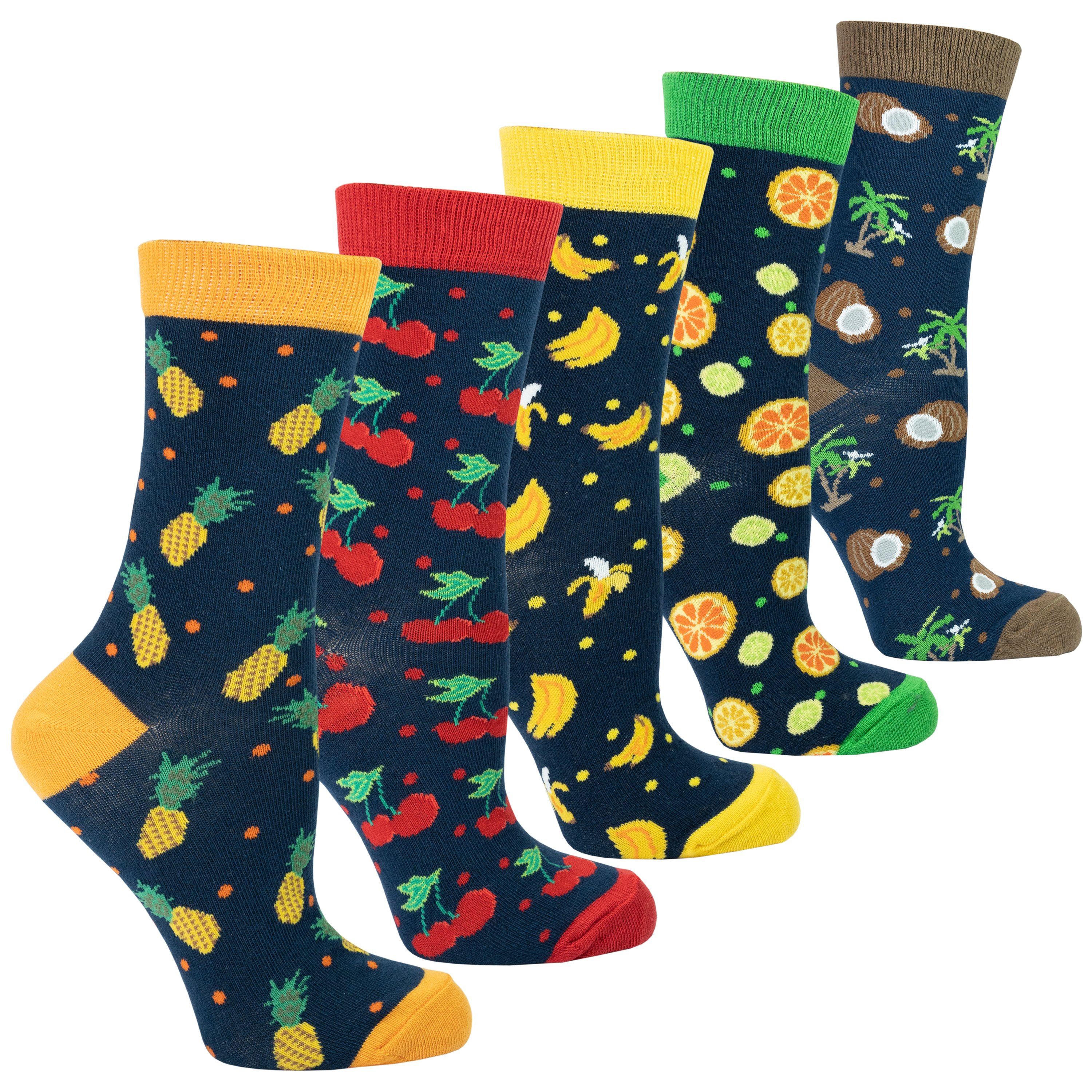 A vibrant set of Women's Cheerful Fruits Socks featuring colorful fruit patterns, perfect for adding fun to any outfit.