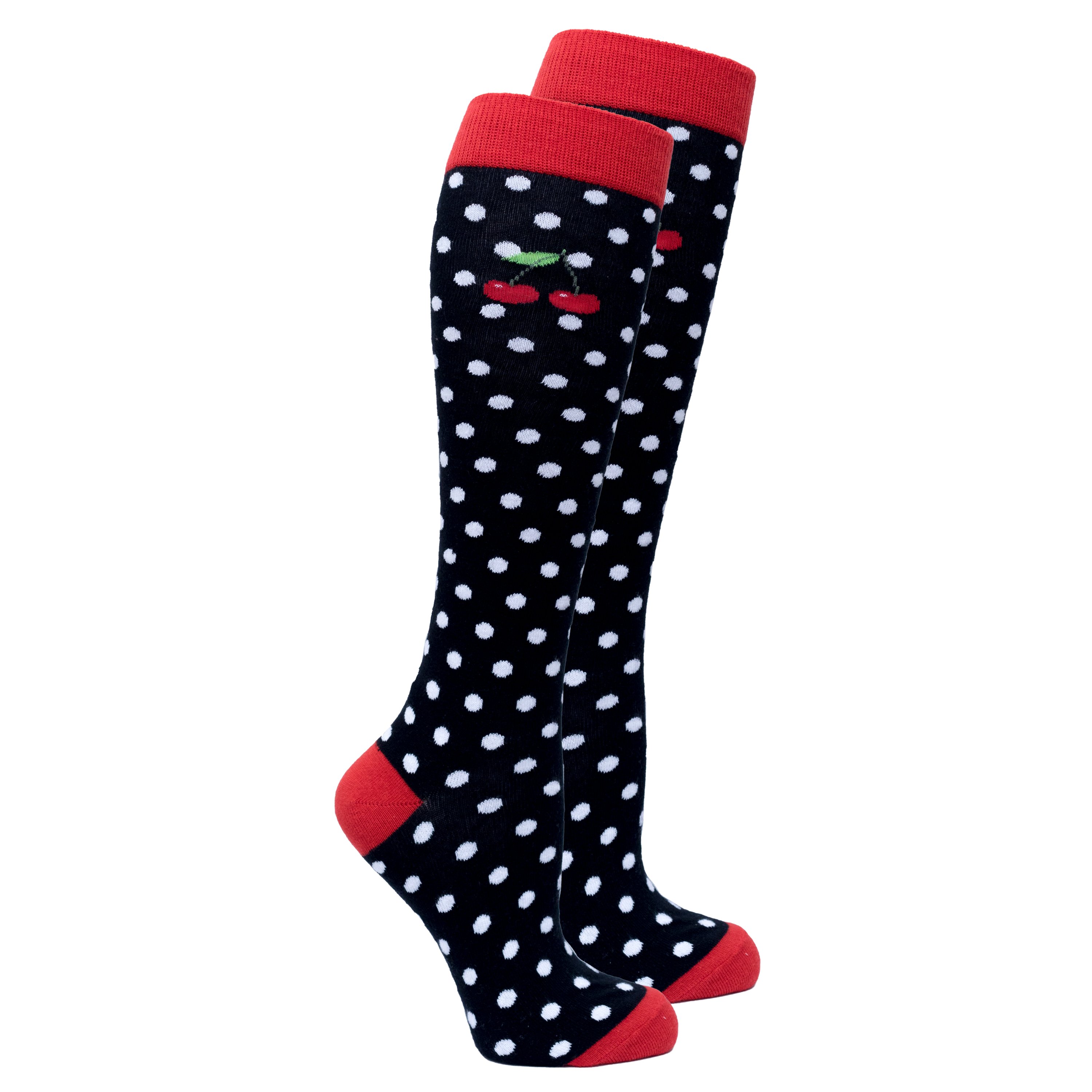 A pair of Women's Cherry Dot Knee High Socks featuring a vibrant cherry dot pattern, made from soft Turkish cotton for comfort and style.