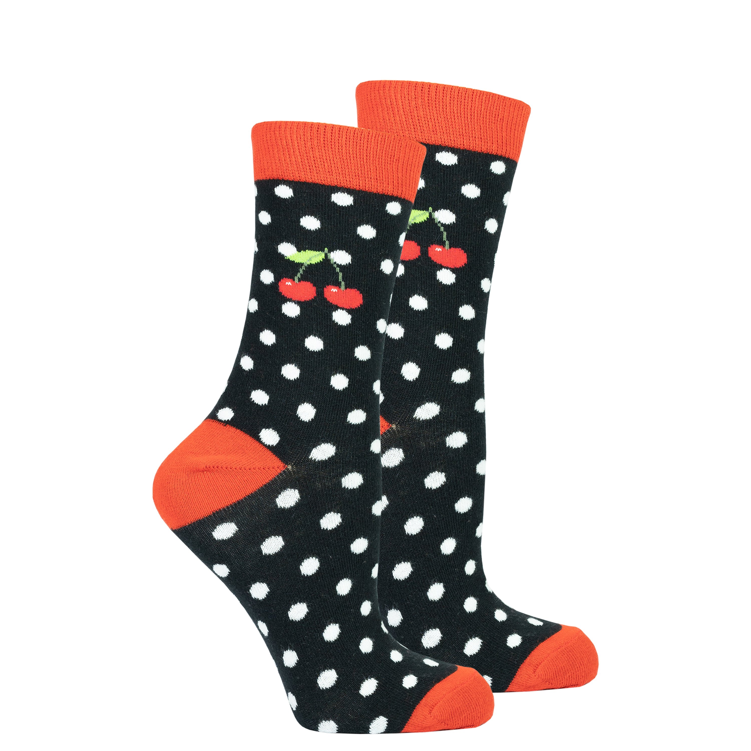 A pair of Women's Cherry Dot Socks featuring a vibrant cherry dot pattern on a soft cotton blend fabric, perfect for adding style to any outfit.