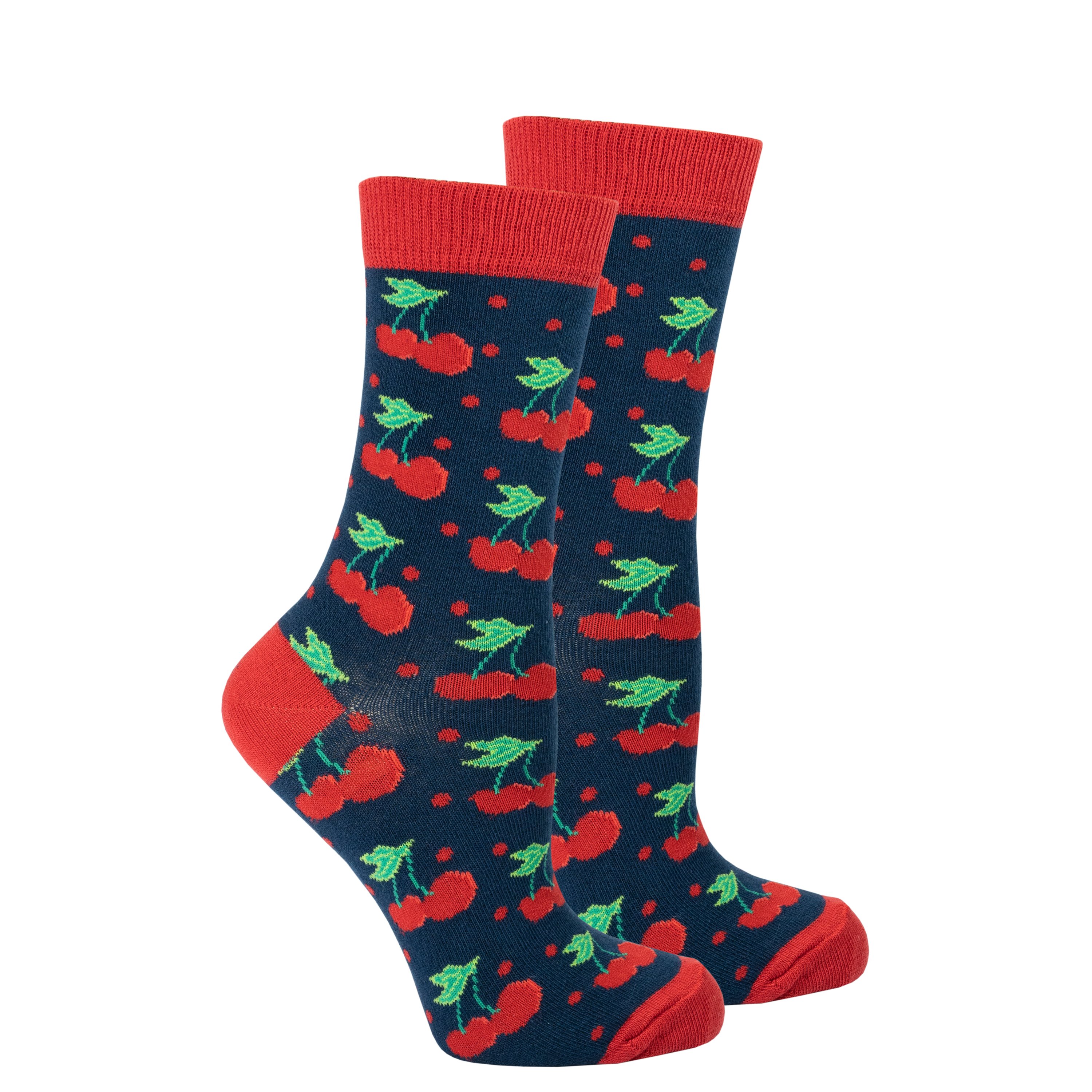 A pair of colorful Women's Cherry Socks featuring a vibrant cherry design, made from soft Turkish cotton for comfort.