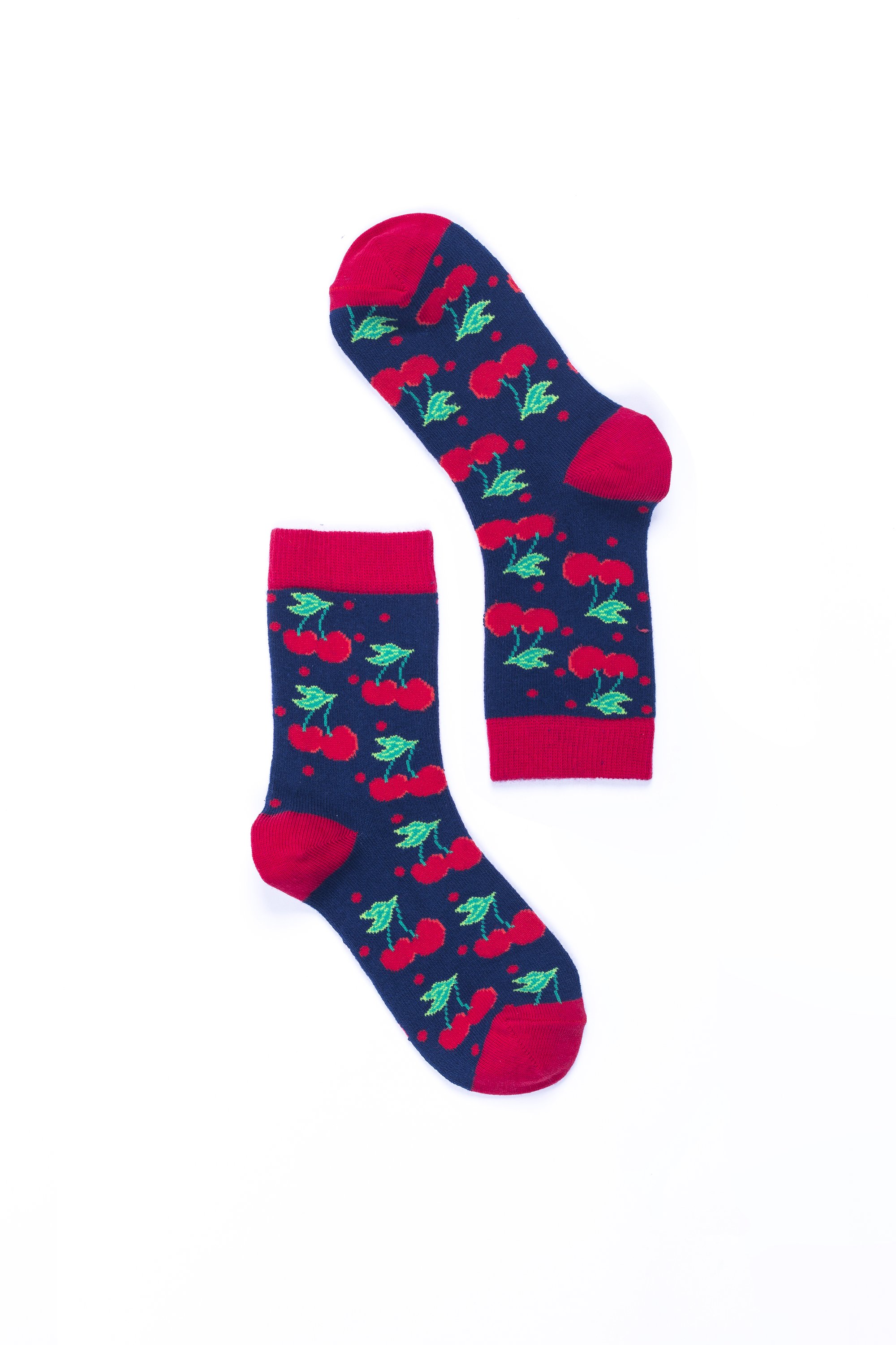 A pair of colorful Women's Cherry Socks featuring a vibrant cherry design, made from soft Turkish cotton for comfort.