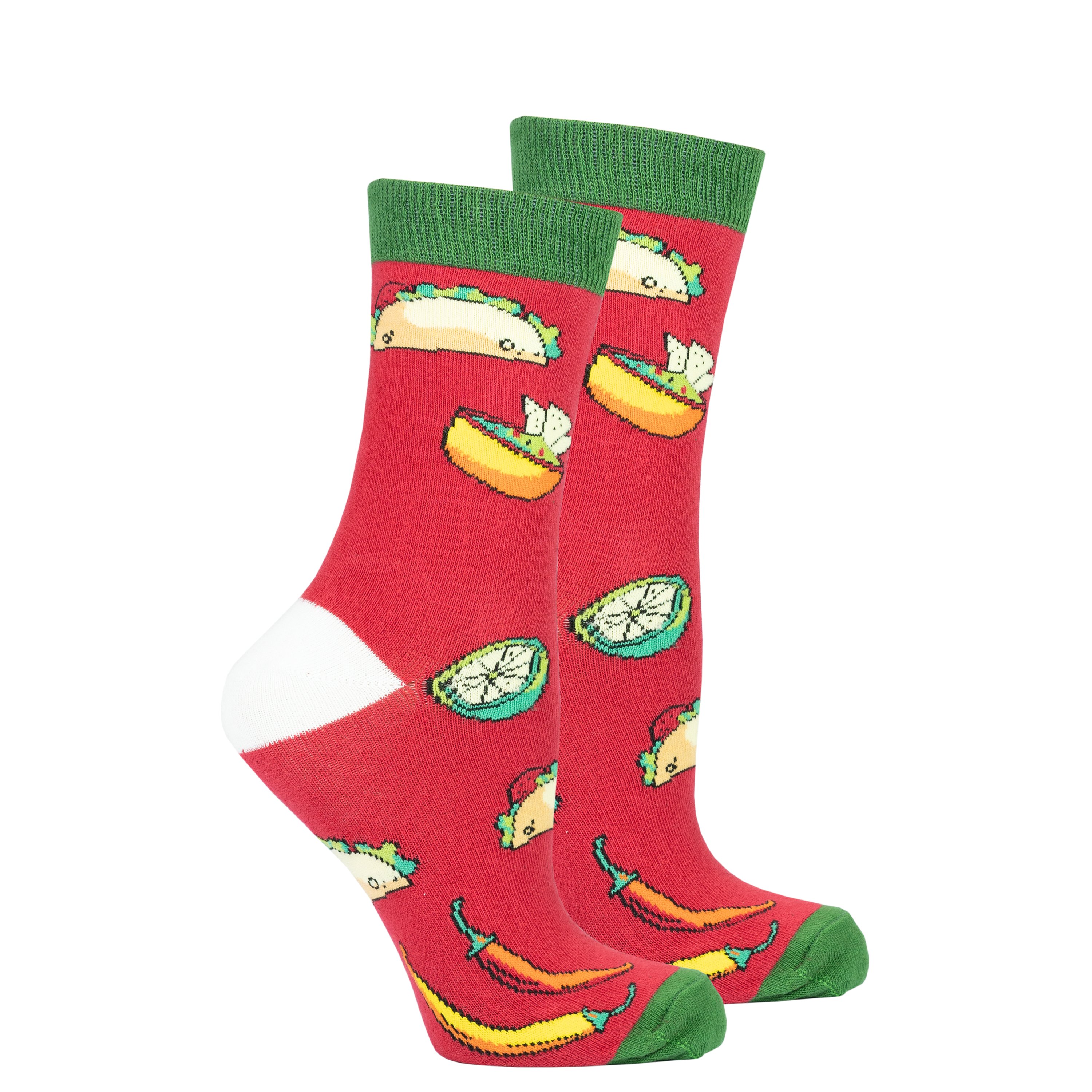 Colorful Women's Chili Tacos Socks featuring a fun taco design, made from premium cotton for comfort and style.