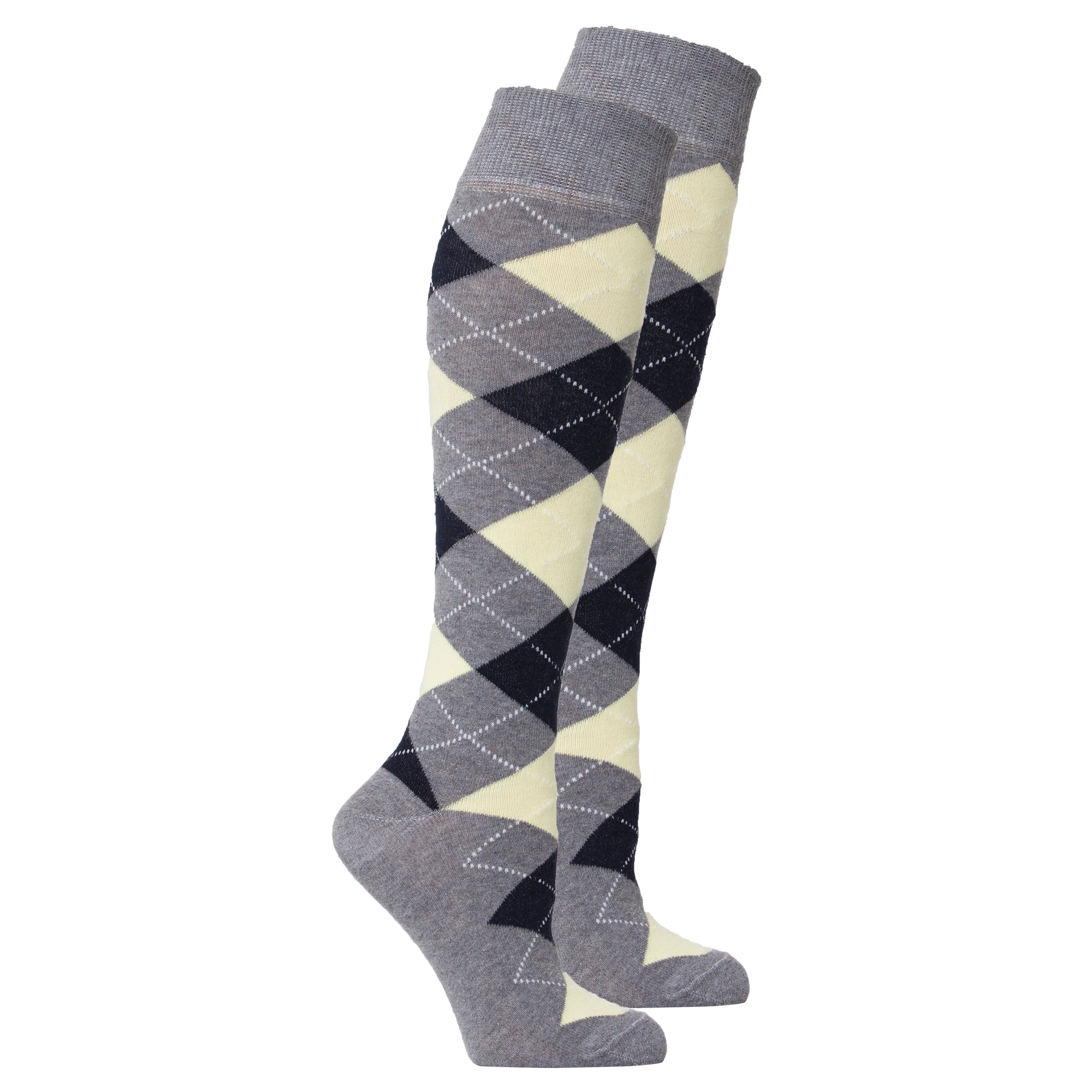 A pair of Women's Cloud Argyle Knee High Socks featuring vibrant colors and trendy patterns, perfect for adding style to any outfit.