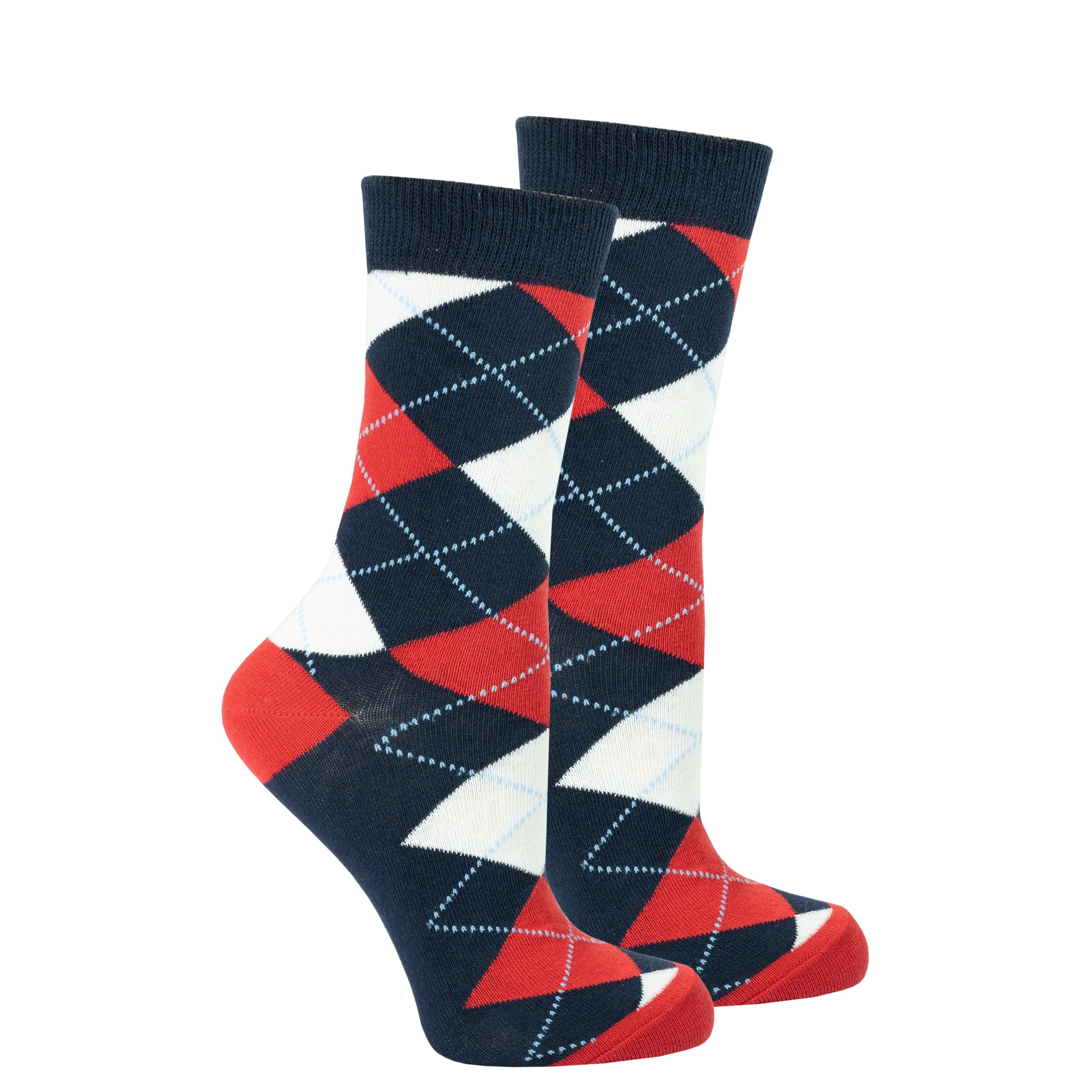 A pair of Women's Denim Argyle Socks featuring a colorful and trendy design, made from soft cotton for comfort.