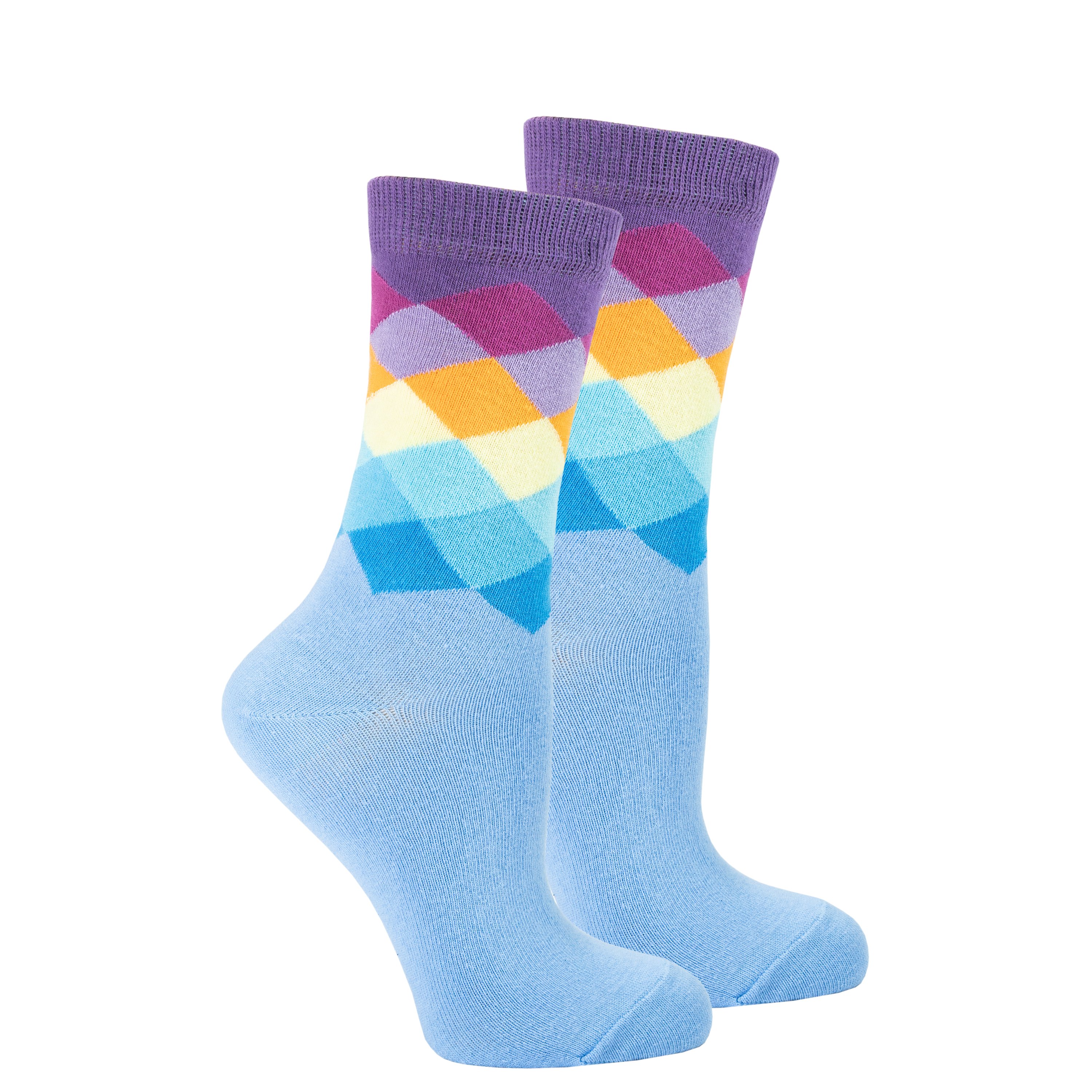 A pair of Women's Dream Purple Diamond Socks featuring a vibrant purple diamond pattern, made from soft Turkish cotton for comfort and style.