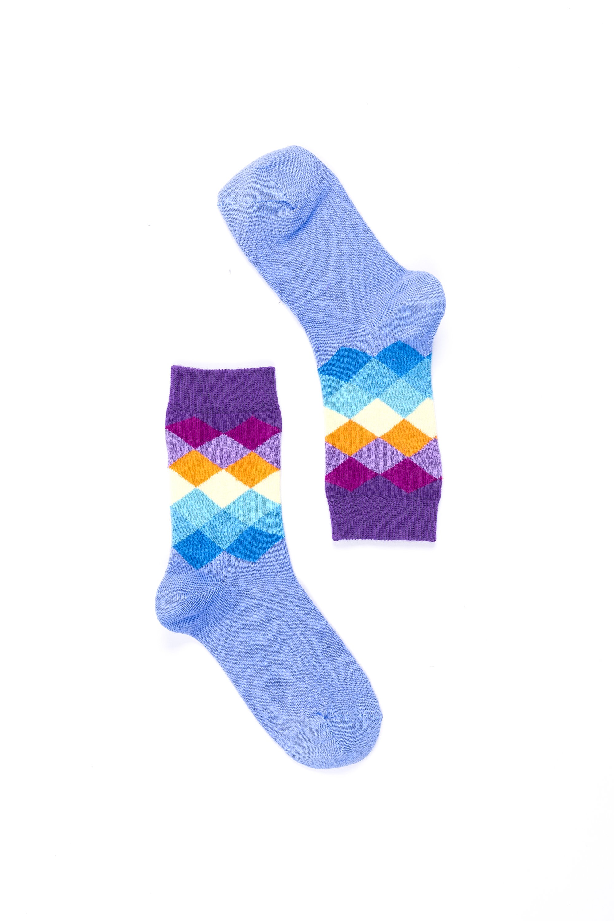 A pair of Women's Dream Purple Diamond Socks featuring a vibrant purple diamond pattern, made from soft Turkish cotton for comfort and style.