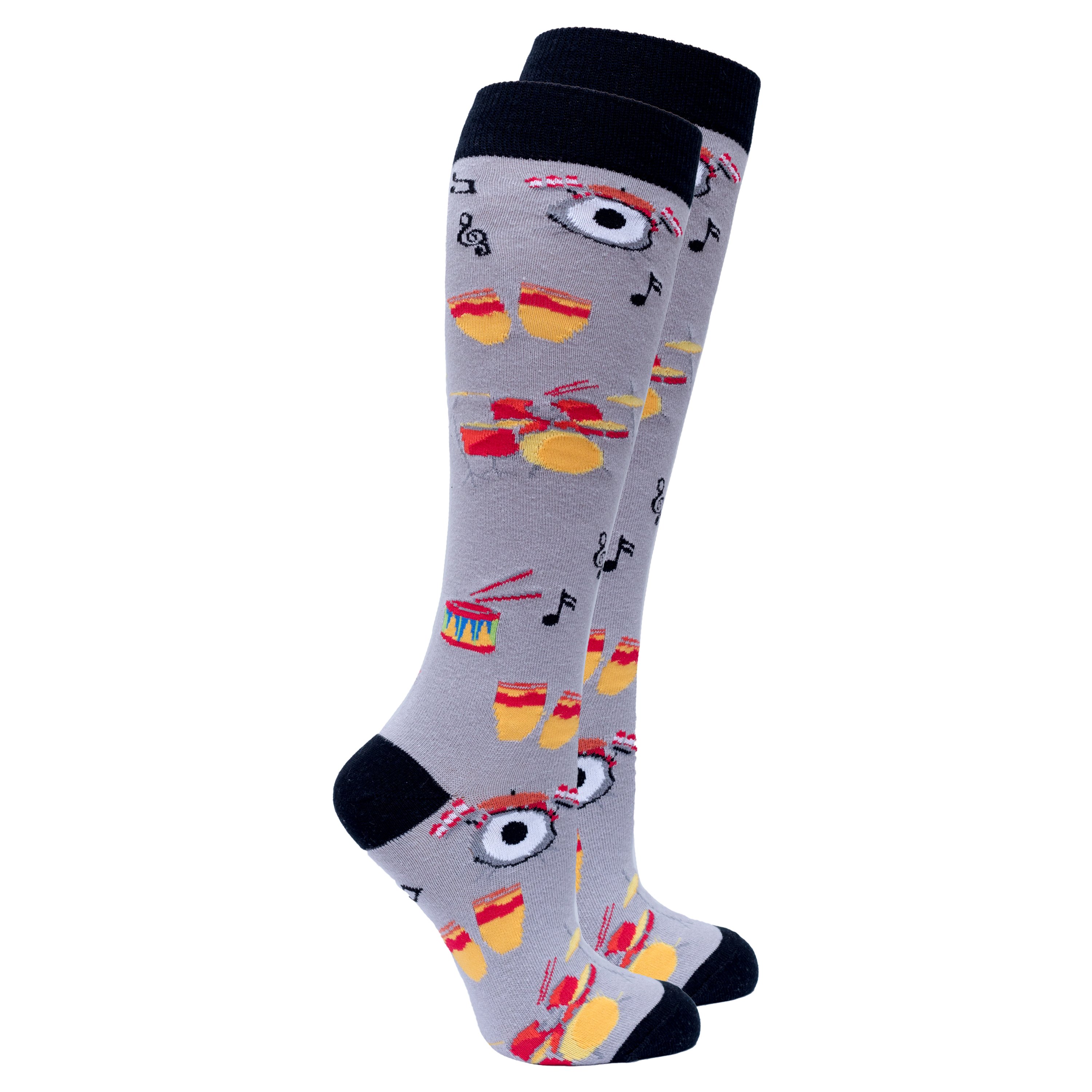 A pair of colorful Women's Drums Knee High Socks featuring trendy patterns and a comfortable fit, perfect for stylish outfits.