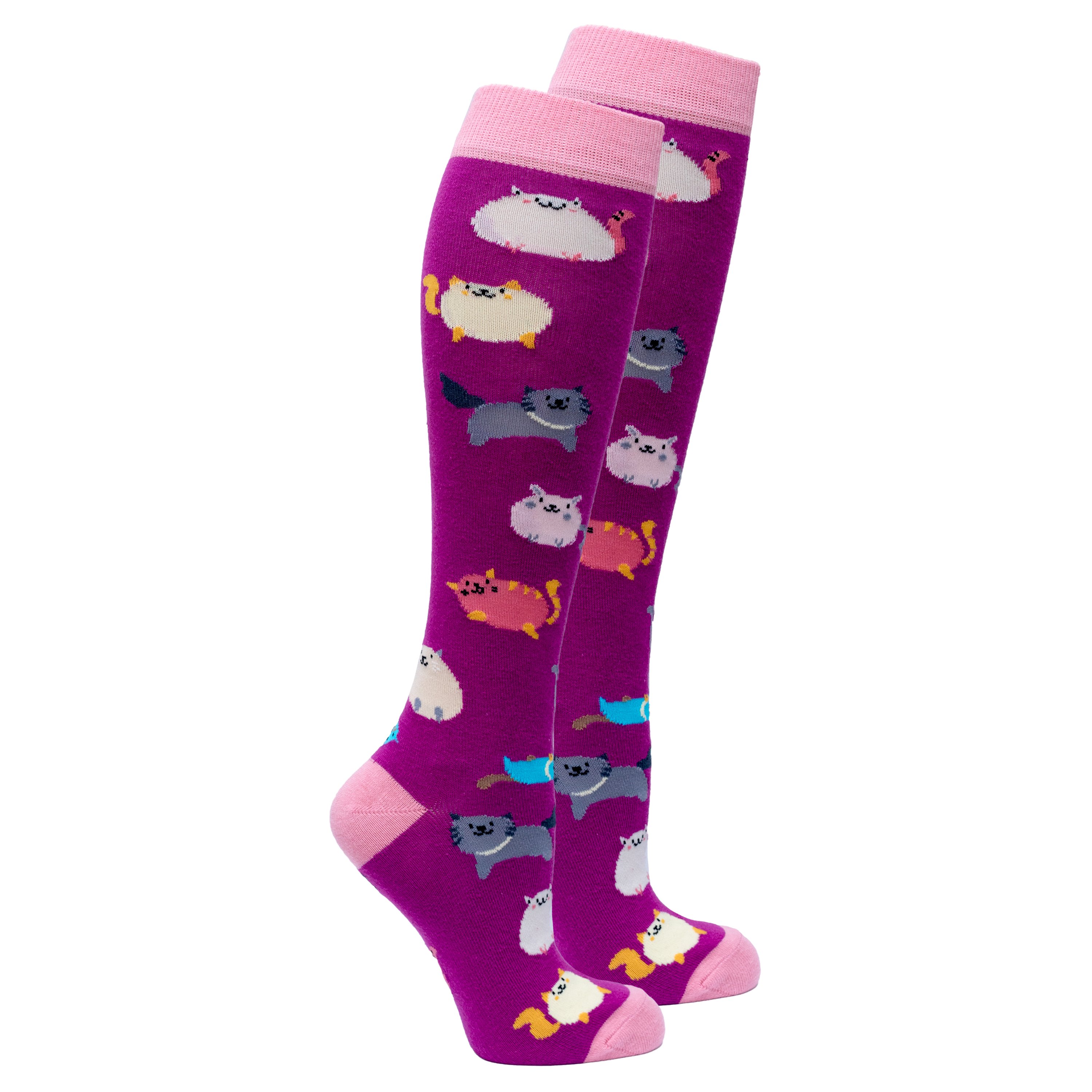 Colorful Women's Fatty Cats Knee High Socks featuring playful cat designs, made from soft Turkish cotton for comfort and style.