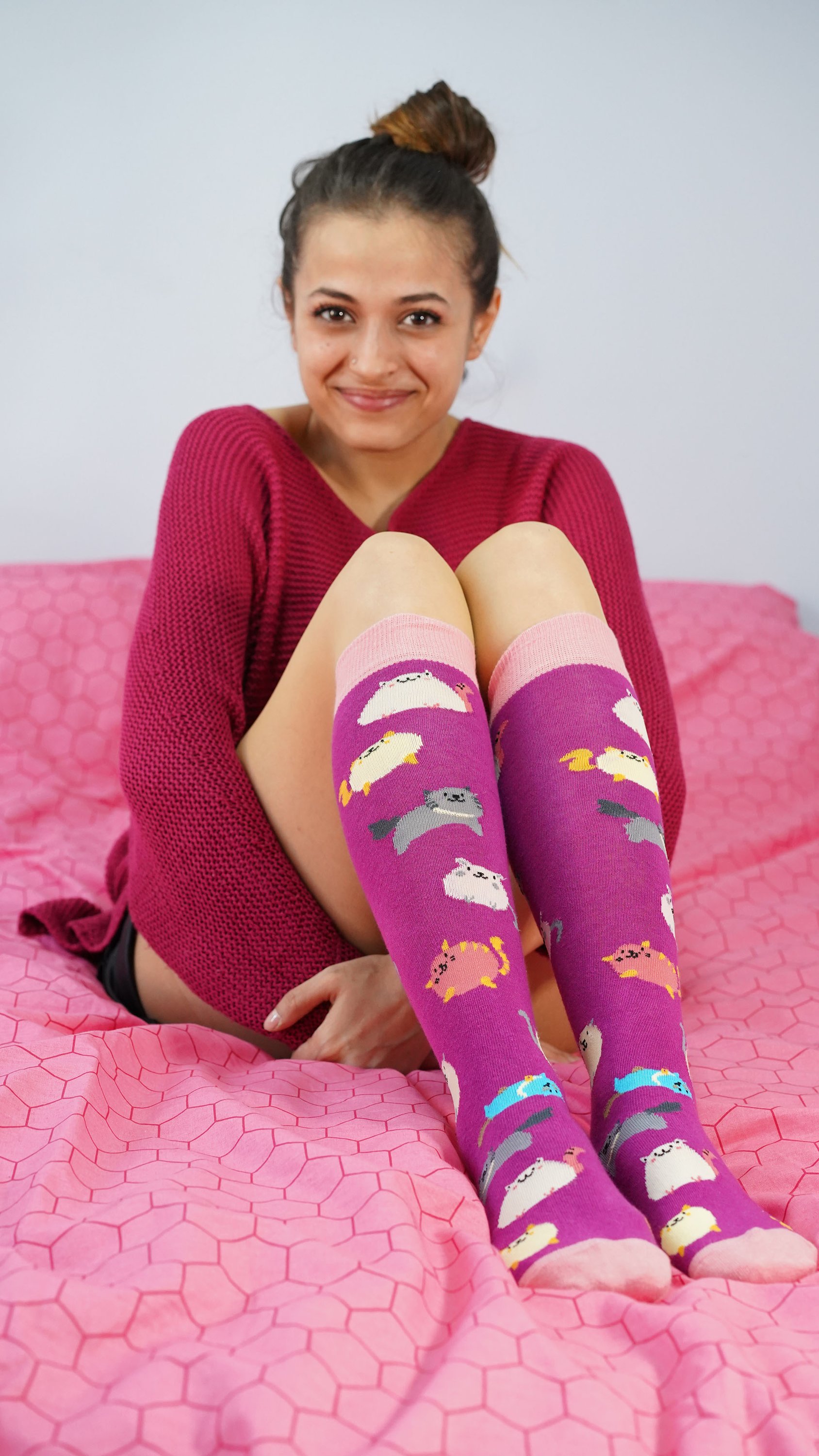 Colorful Women's Fatty Cats Knee High Socks featuring playful cat designs, made from soft Turkish cotton for comfort and style.