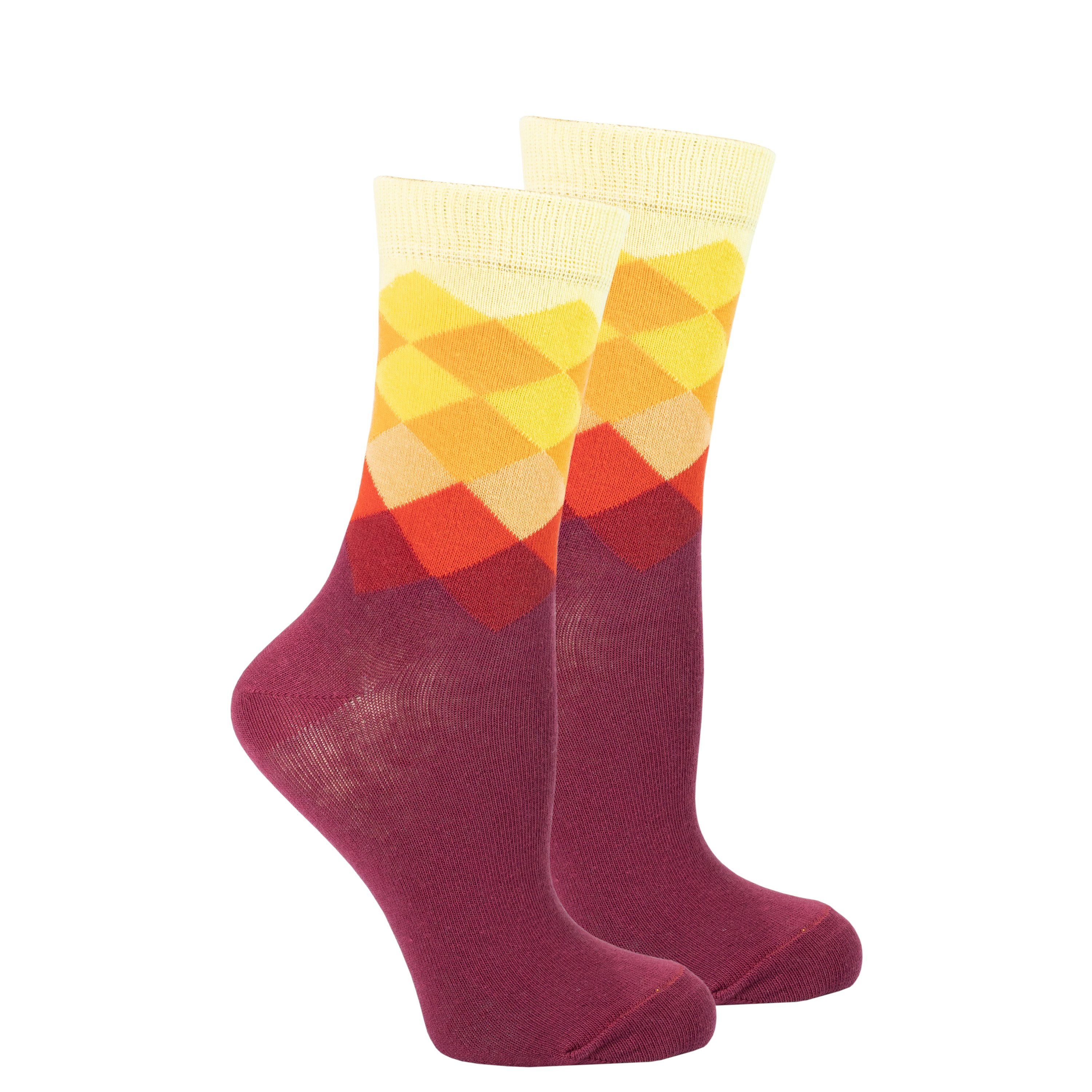 A pair of Women's Flame Diamond Socks featuring colorful and trendy patterns, made from soft Turkish cotton for comfort.