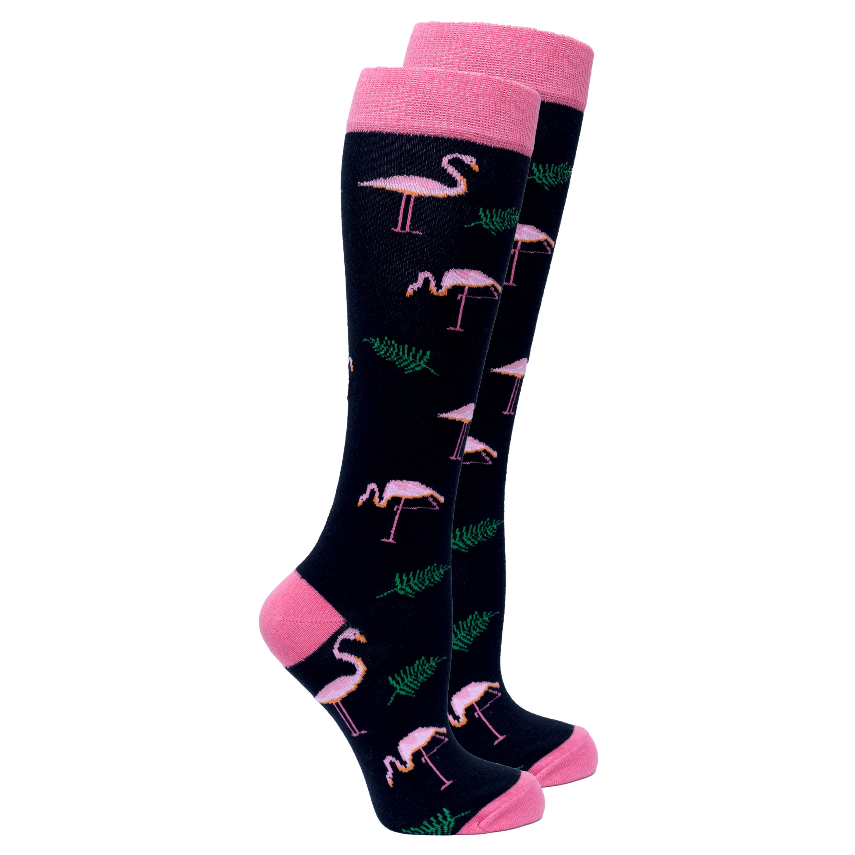 A pair of colorful Women's Flamingo Knee High Socks featuring a vibrant flamingo design, perfect for adding a fun touch to any outfit.