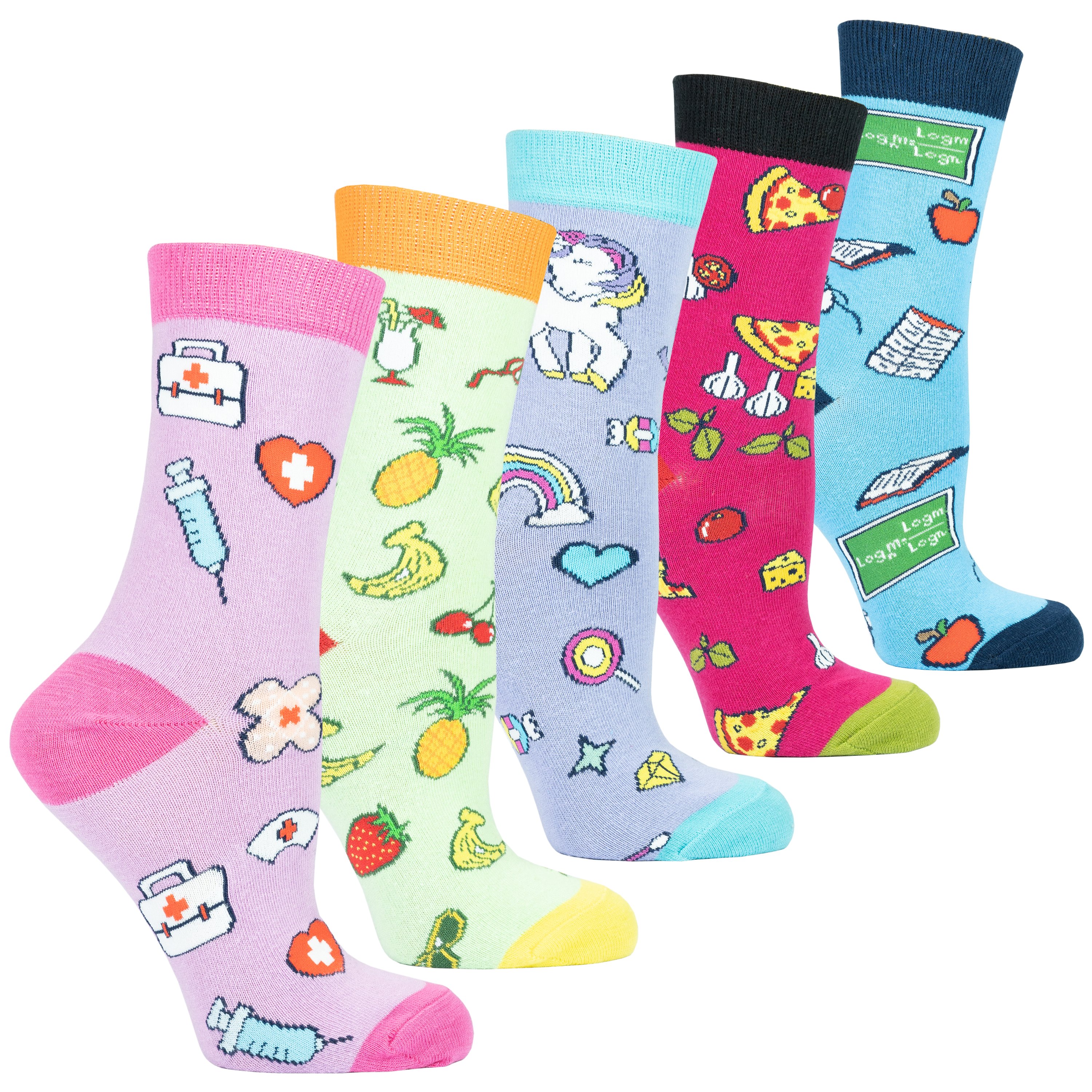 A vibrant set of women's fun socks featuring colorful patterns and trendy designs, perfect for adding a stylish touch to any outfit.