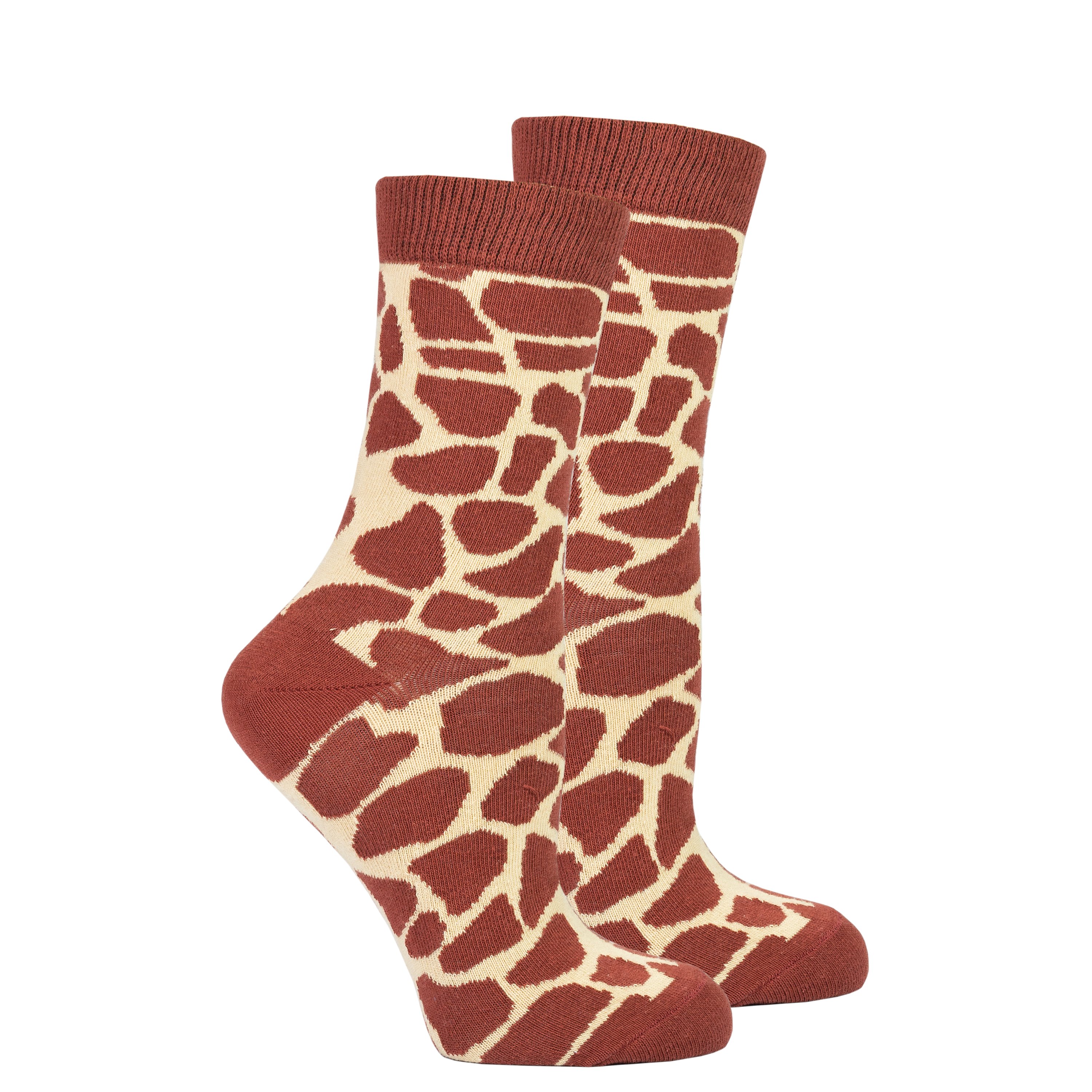 Colorful women's socks featuring a playful giraffe design, made from soft cotton for comfort.