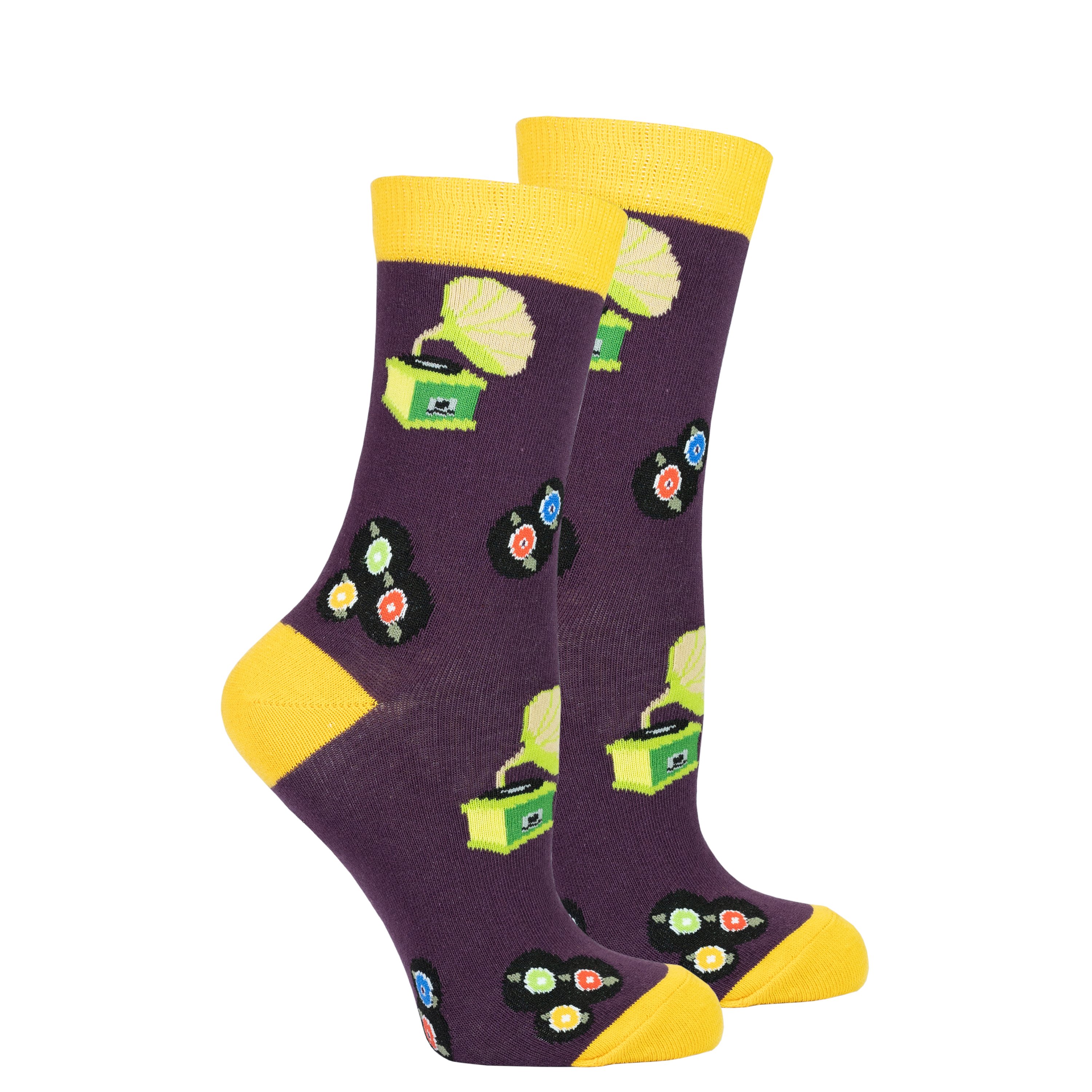 Colorful Women's Gramophone Socks made from soft Turkish cotton, featuring trendy patterns and a comfortable fit.