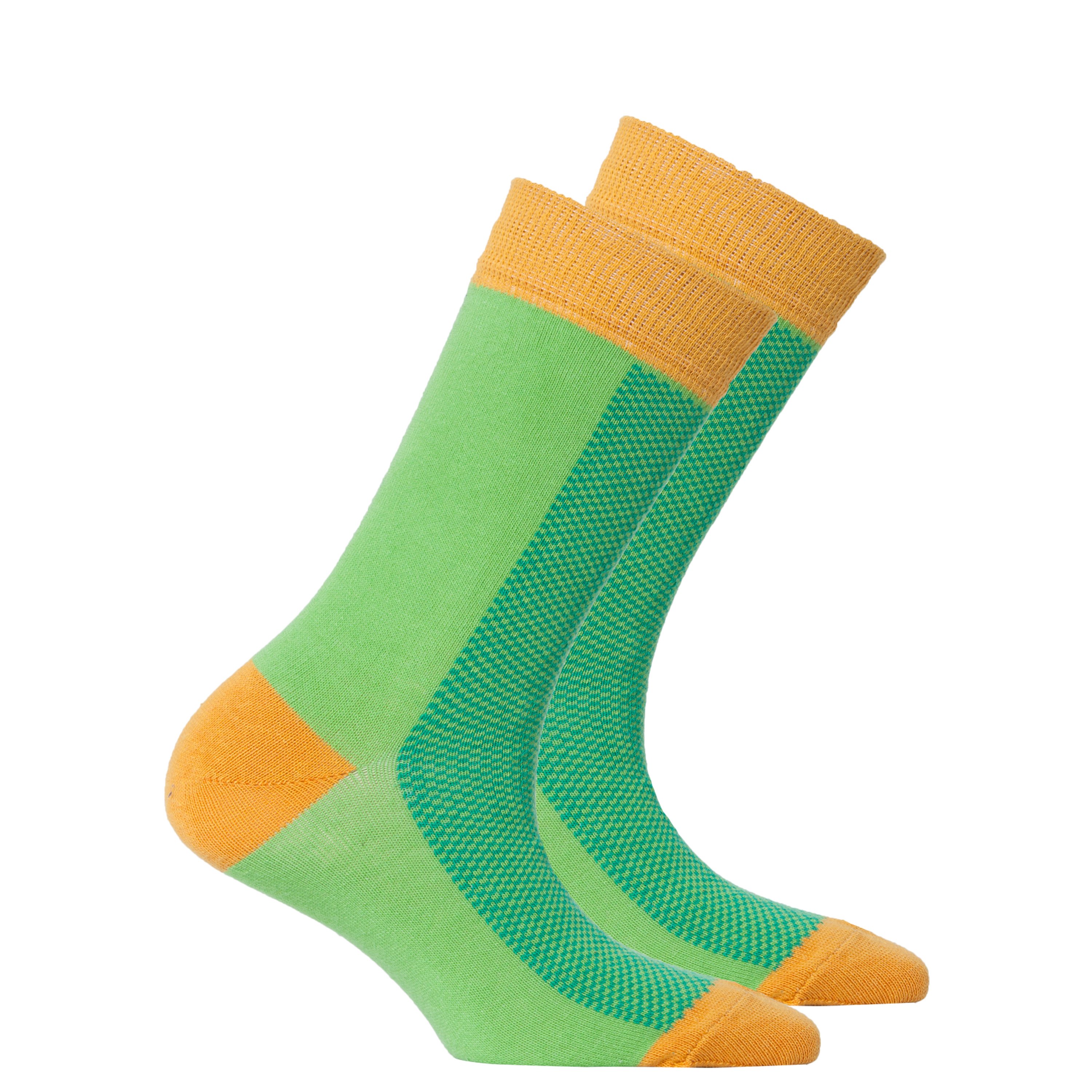 A pair of vibrant Women's Green Marmalade Socks featuring colorful patterns, made from soft Turkish cotton for comfort and style.