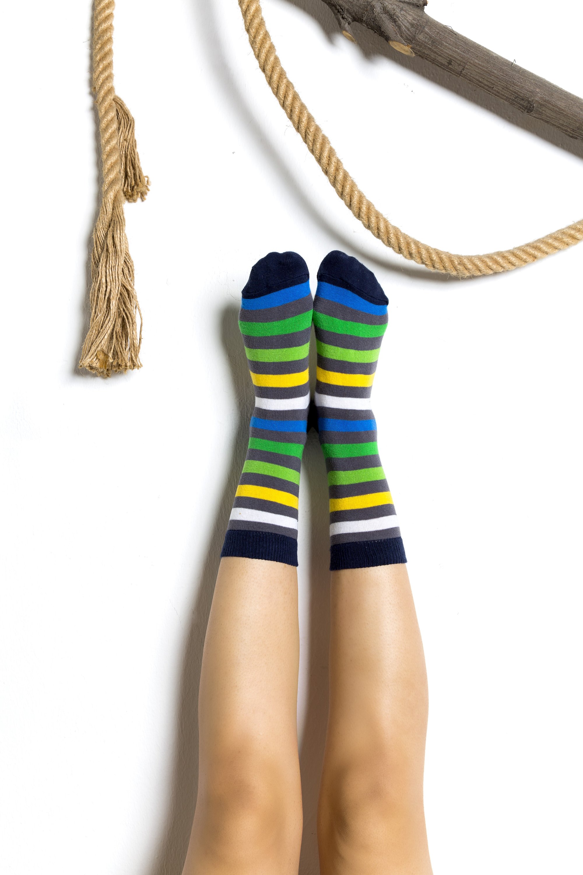 A pair of stylish Women's Grey Emerald Stripe Socks featuring a trendy design and soft fabric.