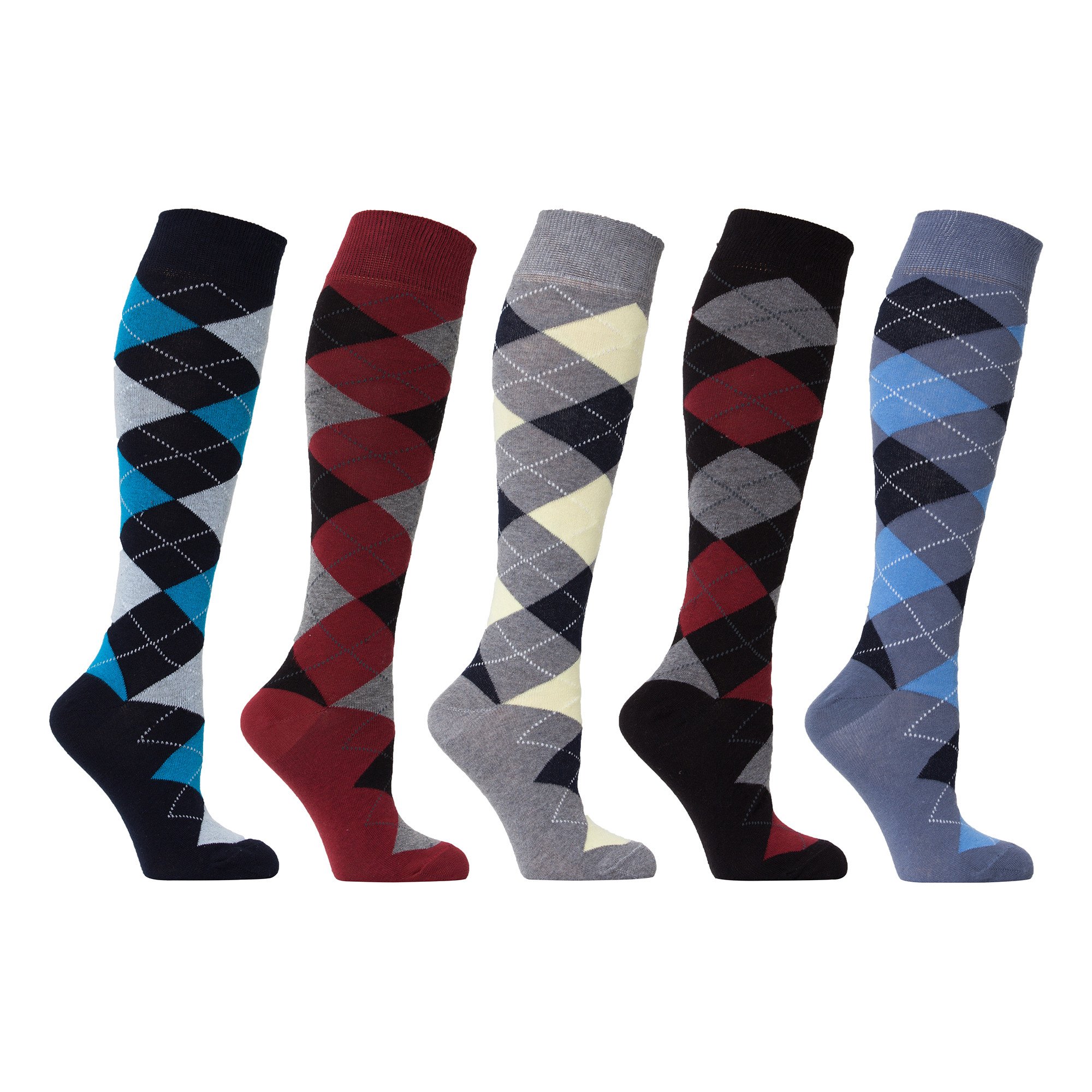 A vibrant set of Women's High-Class Argyle Knee High Socks featuring colorful patterns and a soft texture, perfect for stylish comfort.