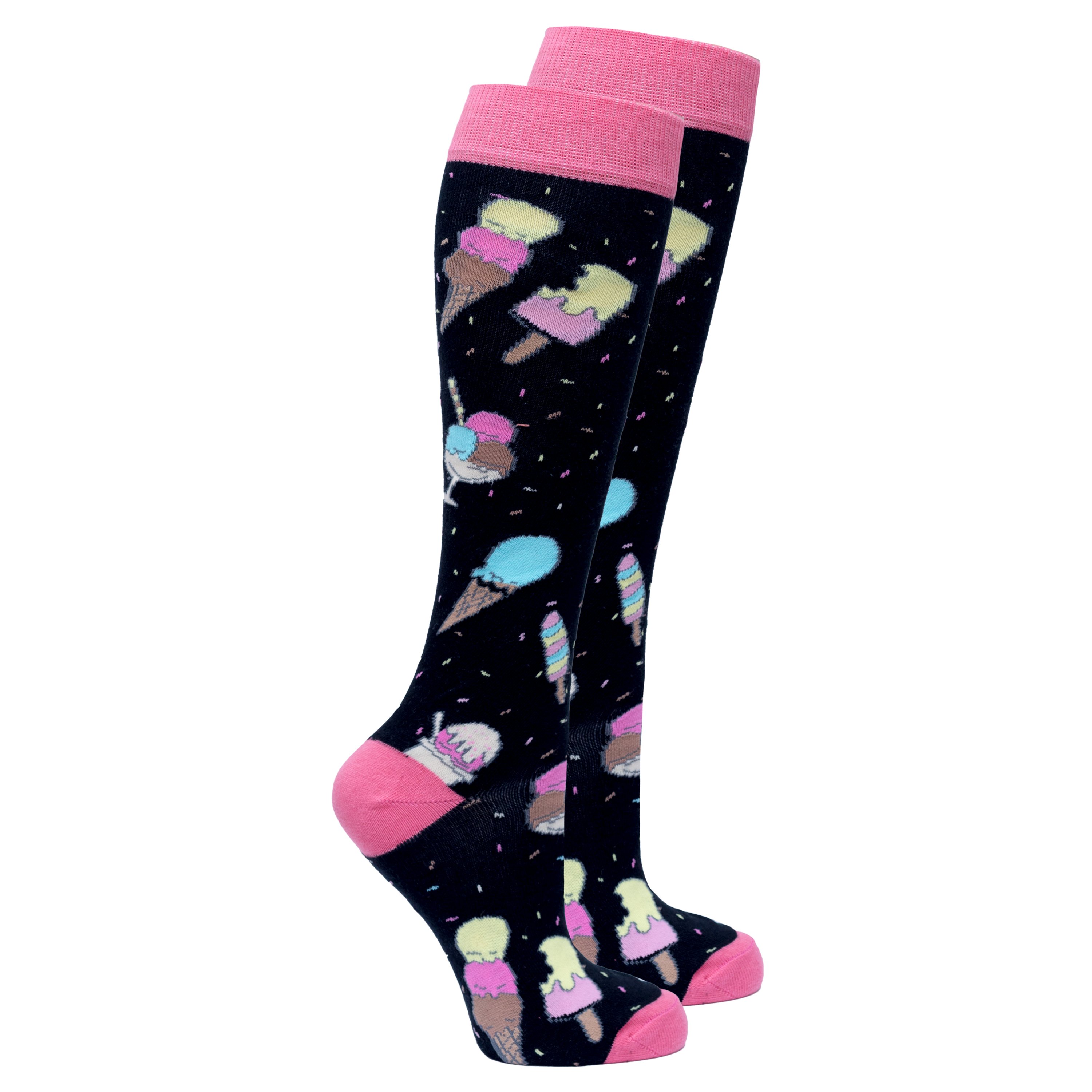 Colorful Women's Ice Cream Paradise Knee High Socks featuring fun ice cream patterns, perfect for adding a playful touch to any outfit.