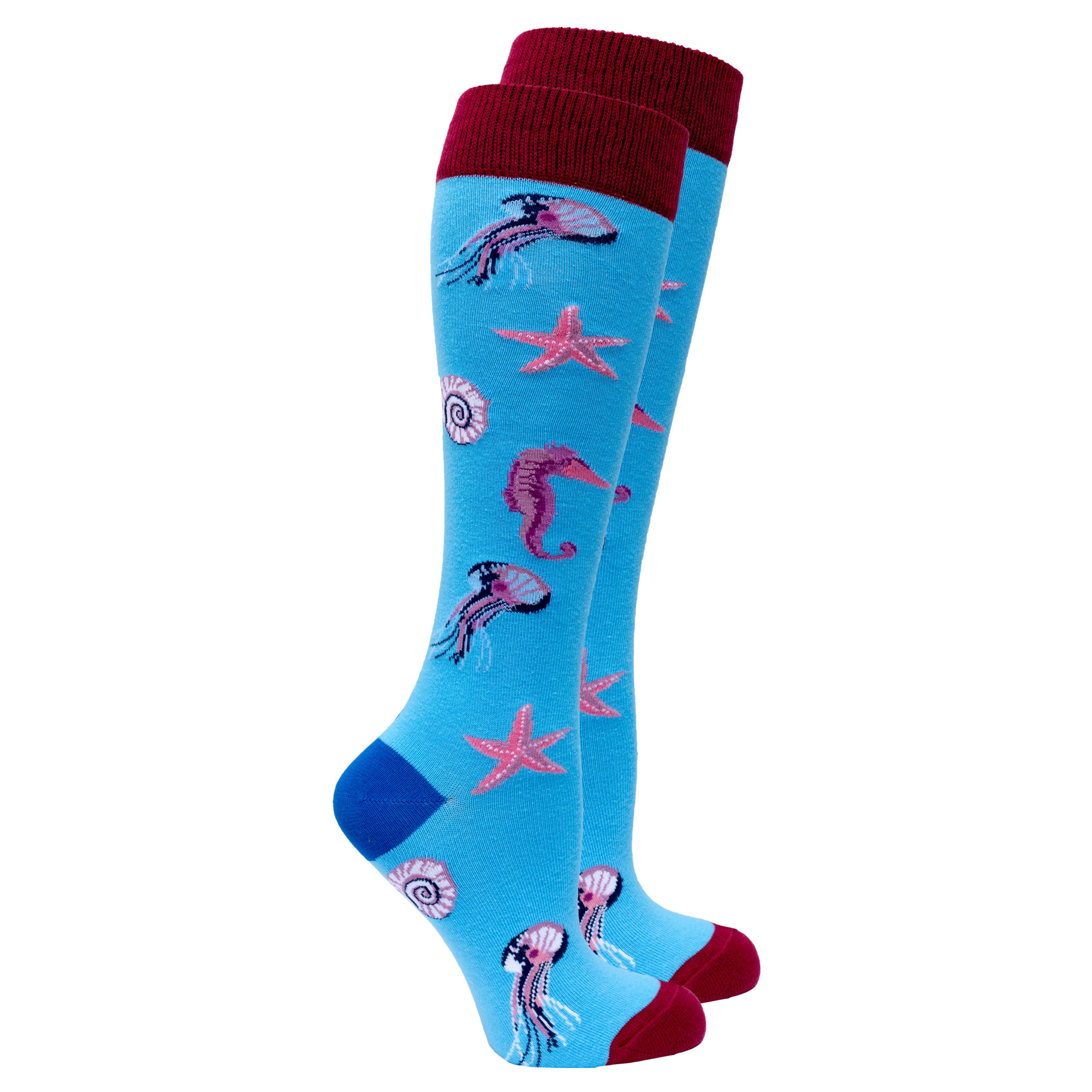 Colorful Women's Jellyfish Knee High Socks featuring a vibrant jellyfish pattern, made from soft Turkish cotton for comfort.