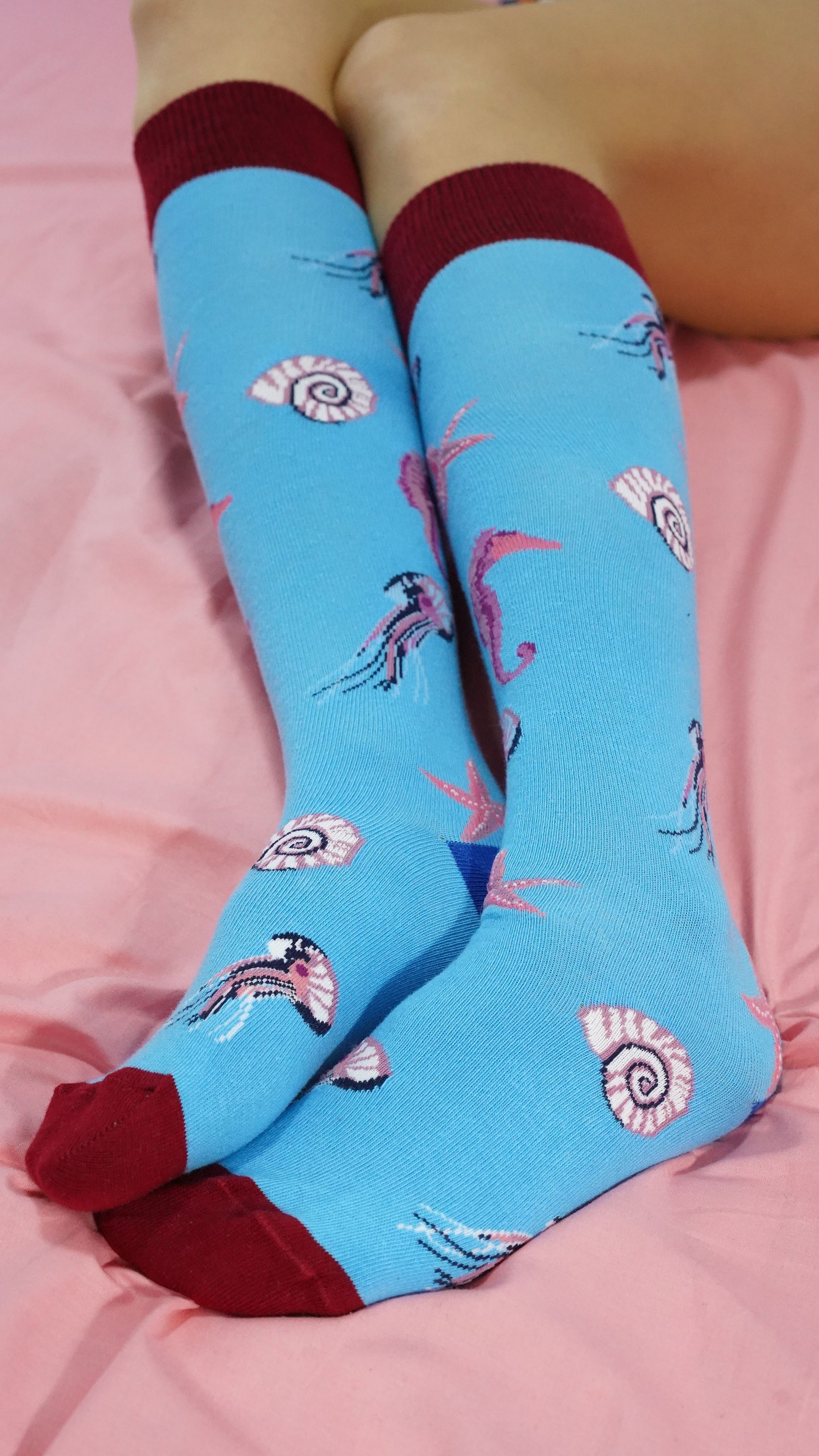 Colorful Women's Jellyfish Knee High Socks featuring a vibrant jellyfish pattern, made from soft Turkish cotton for comfort.