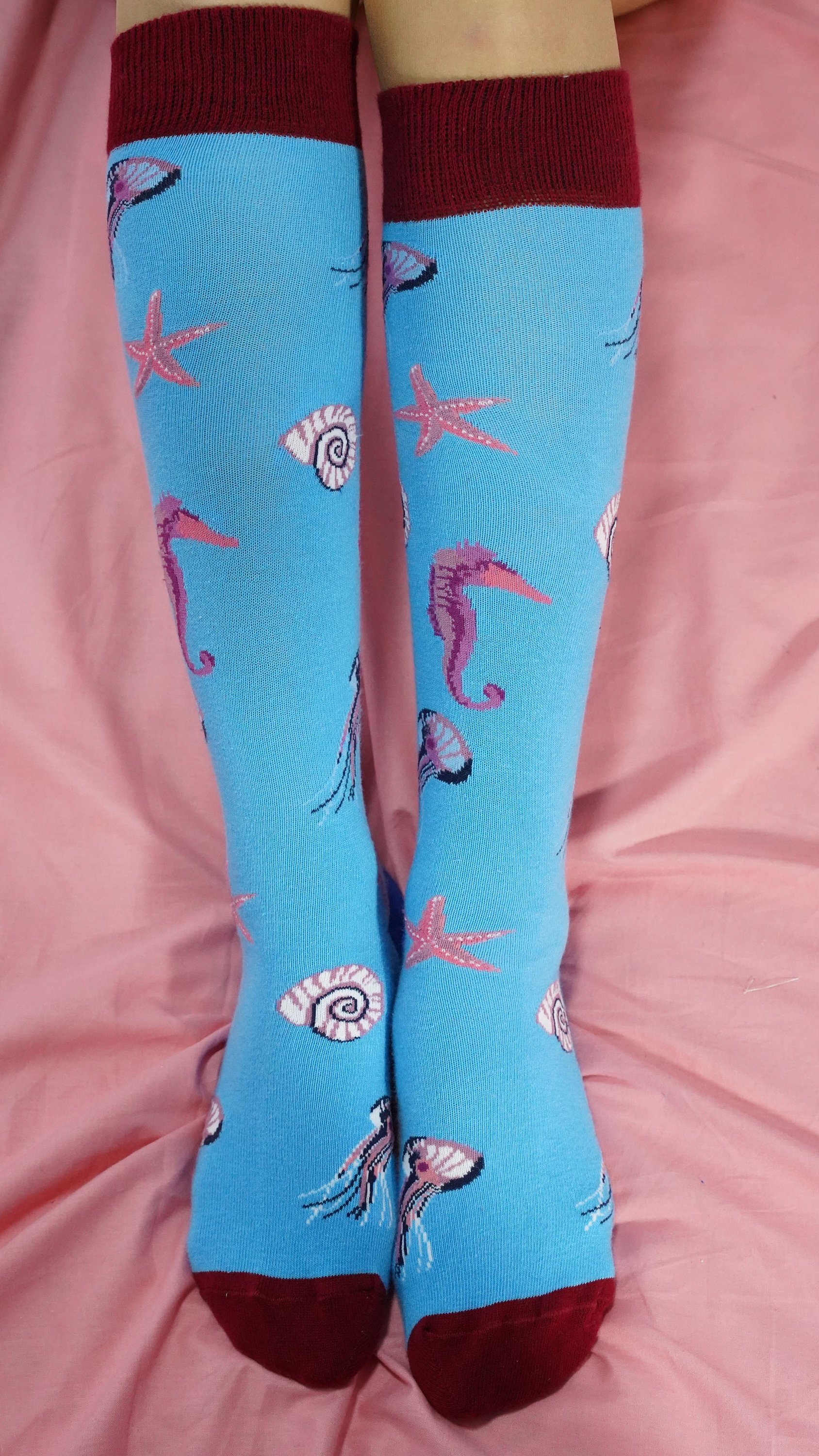 Colorful Women's Jellyfish Knee High Socks featuring a vibrant jellyfish pattern, made from soft Turkish cotton for comfort.