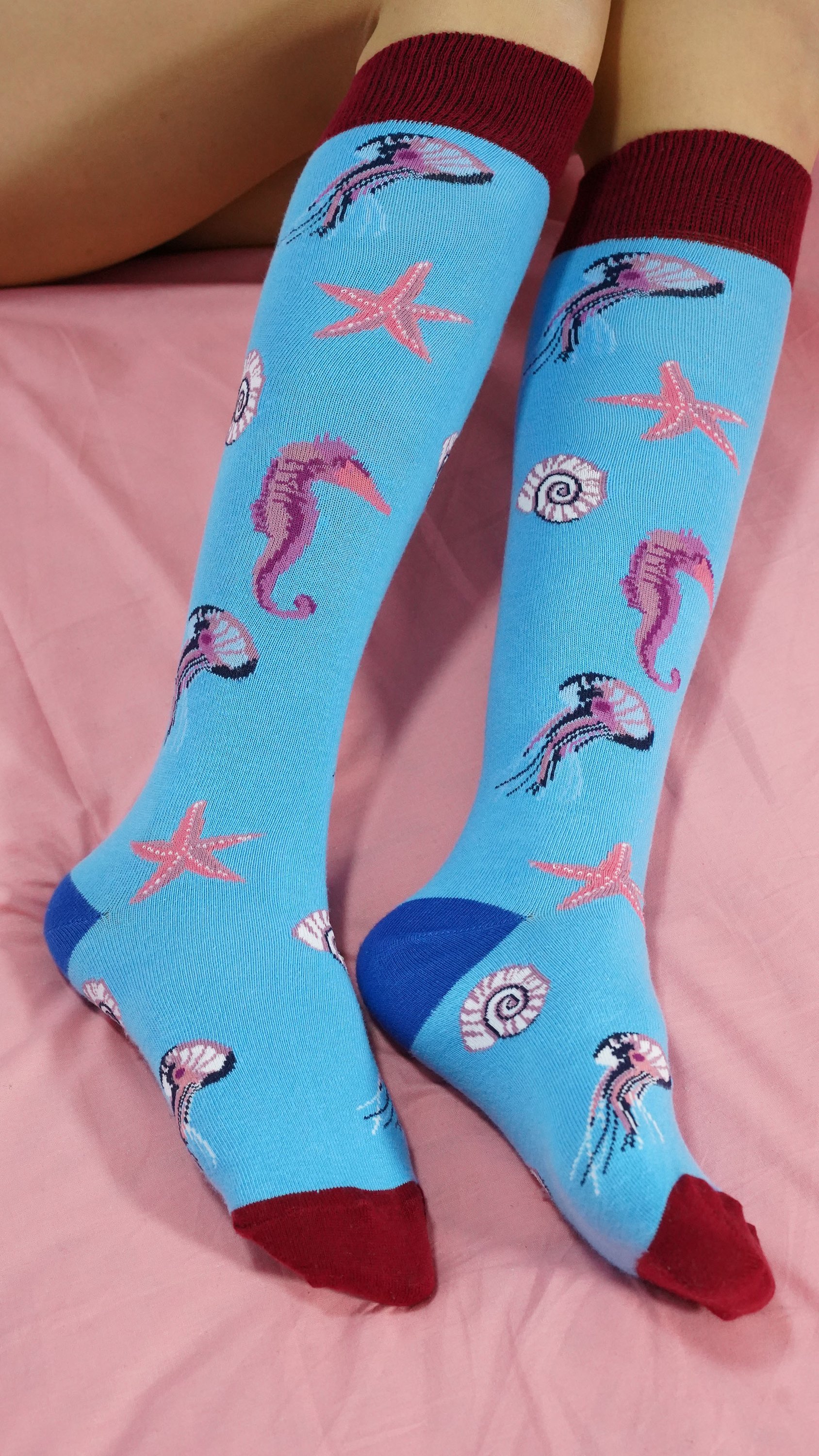 Colorful Women's Jellyfish Knee High Socks featuring a vibrant jellyfish pattern, made from soft Turkish cotton for comfort.