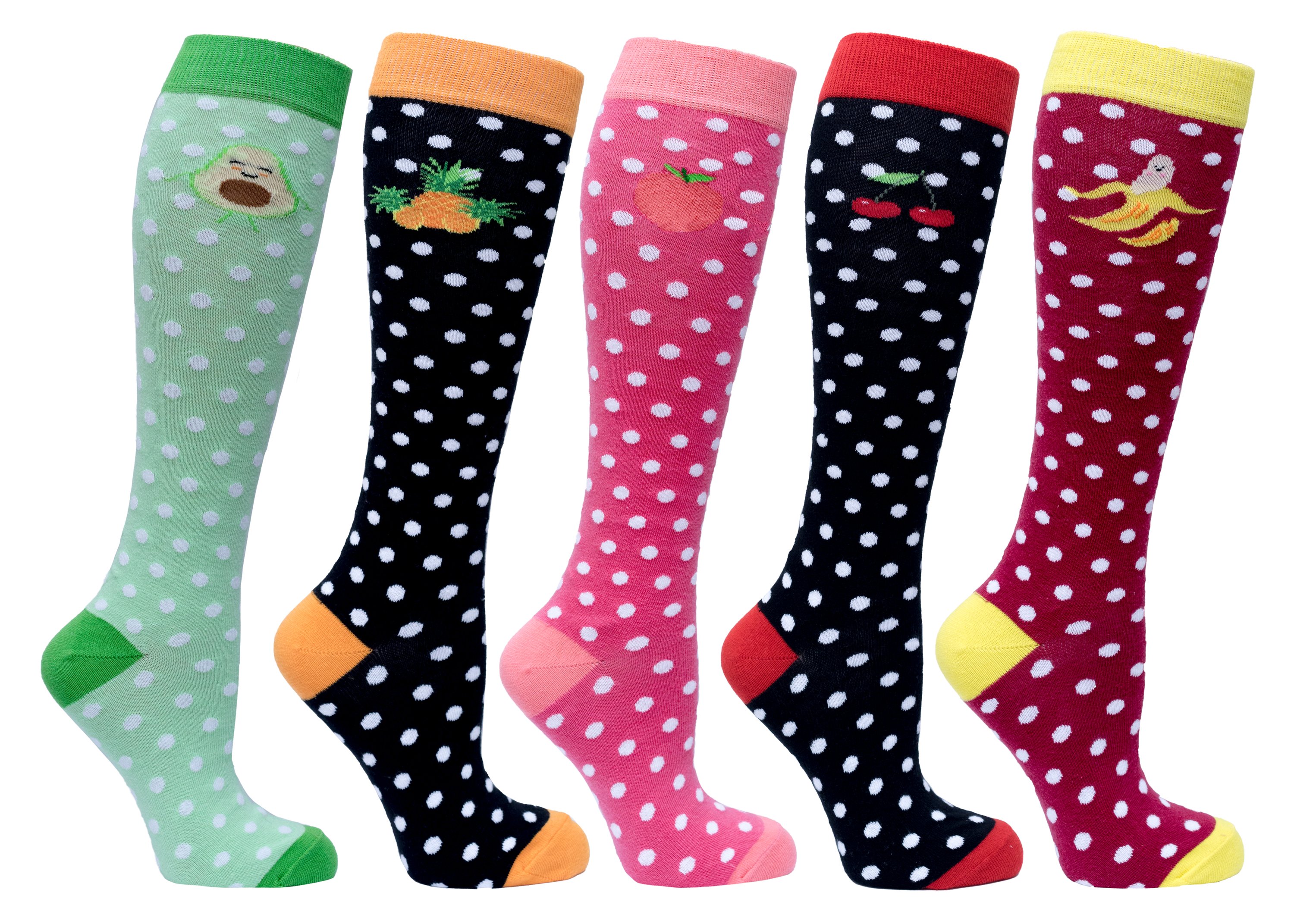 A vibrant set of Women's Juicy Fruits Knee High Socks featuring colorful patterns and a soft texture, perfect for stylish comfort.