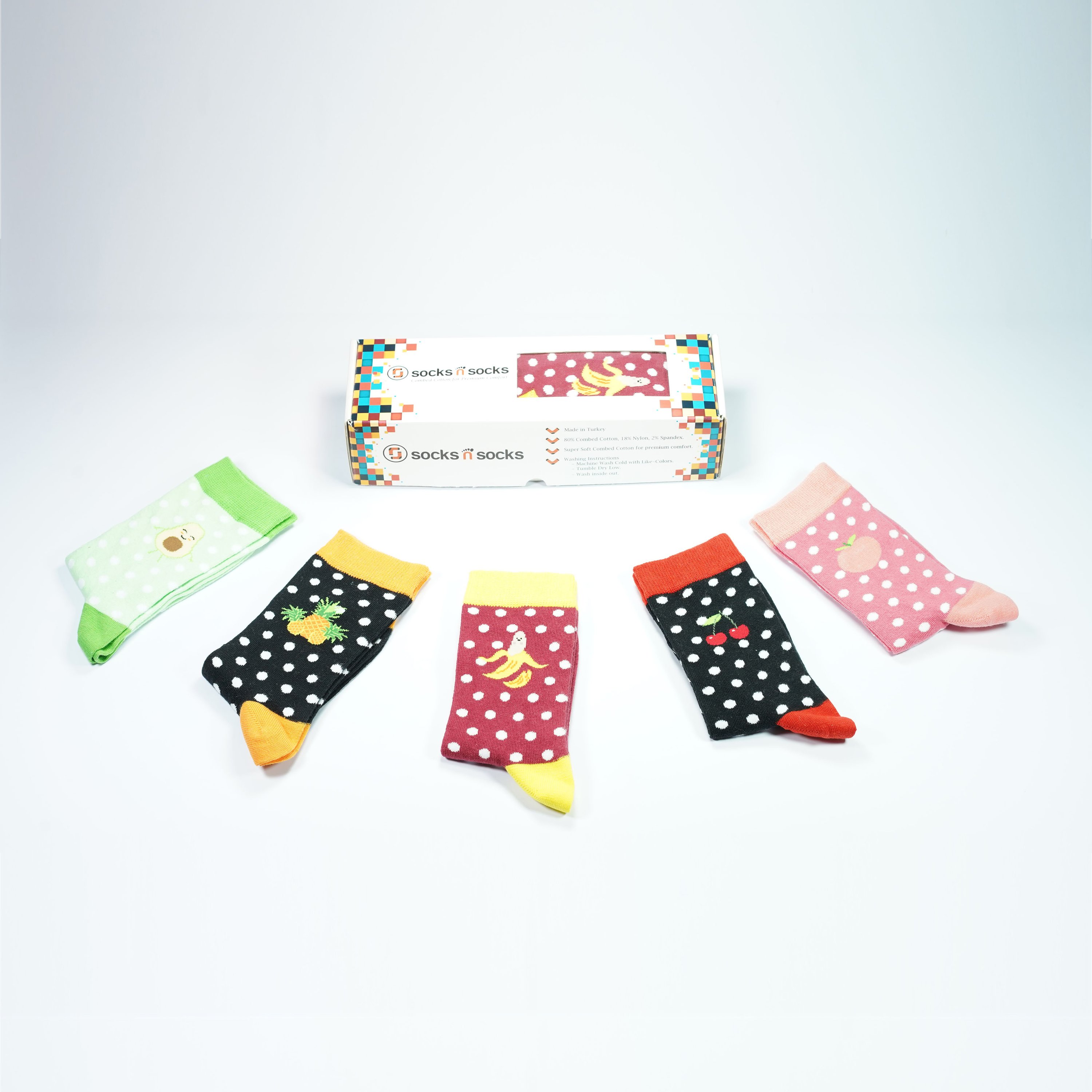 Colorful Women's Juicy Fruits Socks Set featuring vibrant patterns and soft cotton material, perfect for stylish comfort.